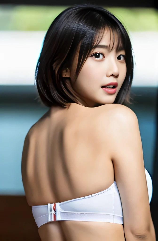table top, highest quality, shape, Super detailed, finely, High resolution, 8k wallpaper, Beautiful woman at 30 years old,sexy,Japanese、short cut hair、underwear、point to the butt