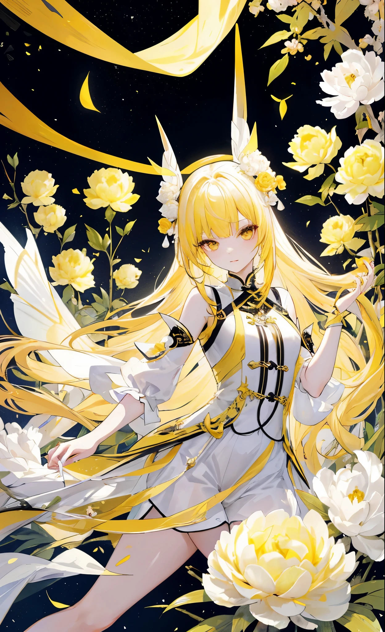 Yellow peonies for decoration，light long hair，Dark and white clothes，Fairy Sister of Hehuan Sect，A crazy beauty who knows how to whip slaves！