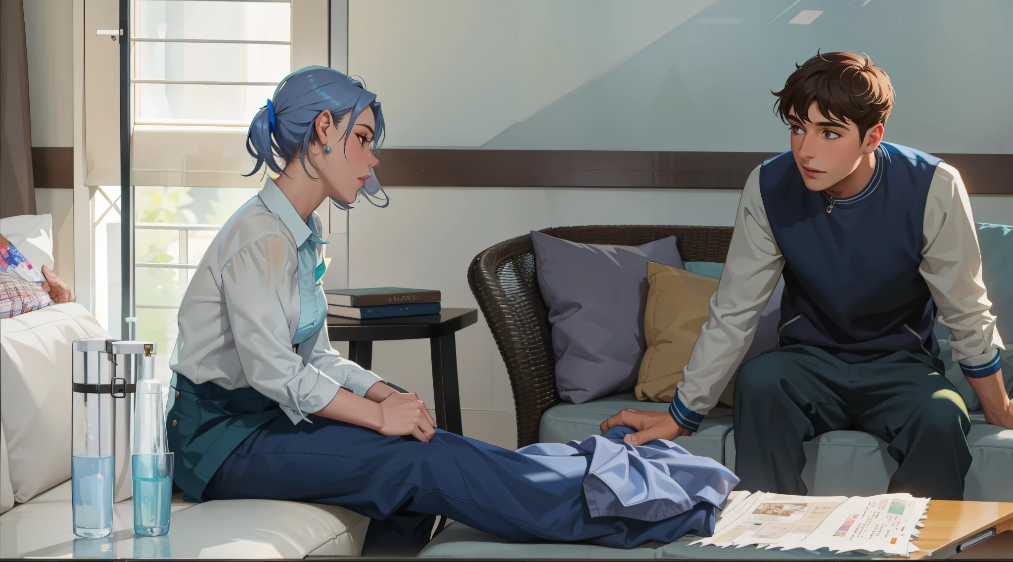 There is a 50 year old woman and her 16 year old son both with silver hair sitting talking