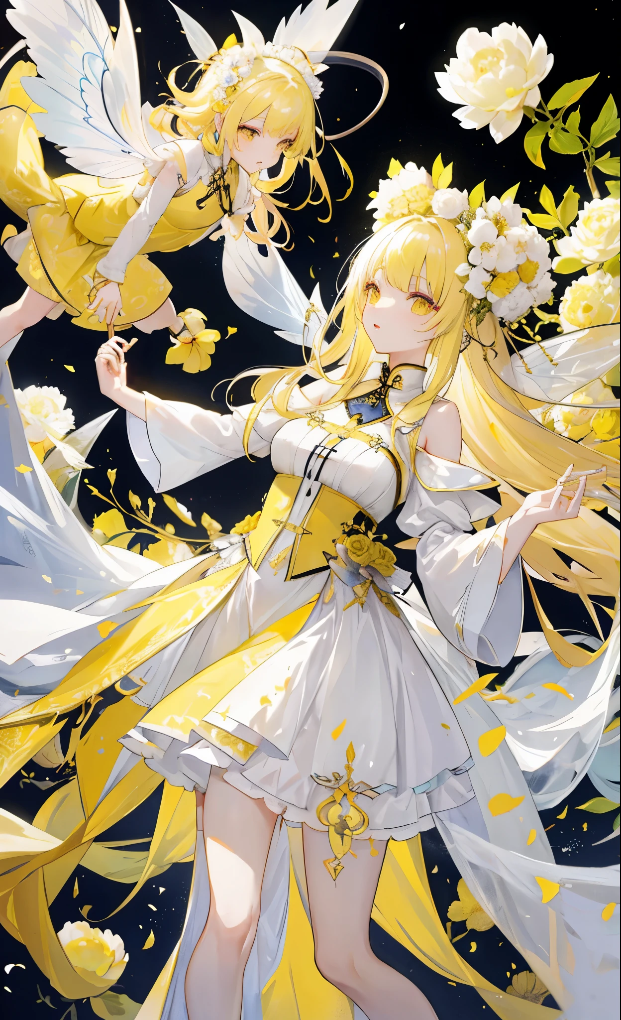 Yellow peonies for decoration，light long hair，Dark and white clothes，Fairy Sister of Hehuan Sect，A crazy beauty who knows how to whip slaves！