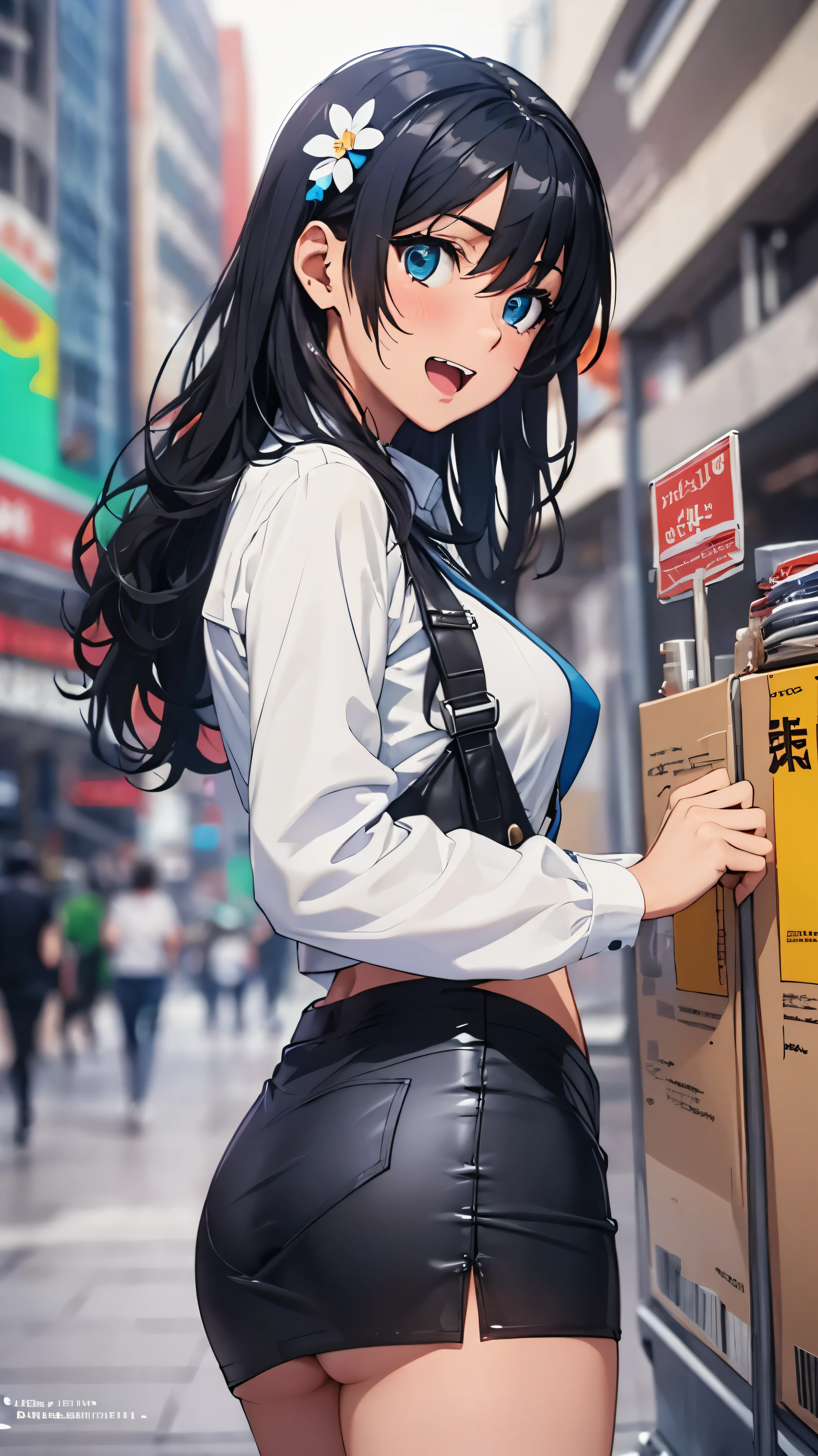 woman,14 years old,,city,night,(((white and blue tight miniskirt bodysuit))),,open mouth smile(())(See-through),(()),((Satin Nariko)),blush、surprised face,((())),((look back))wet with sweat