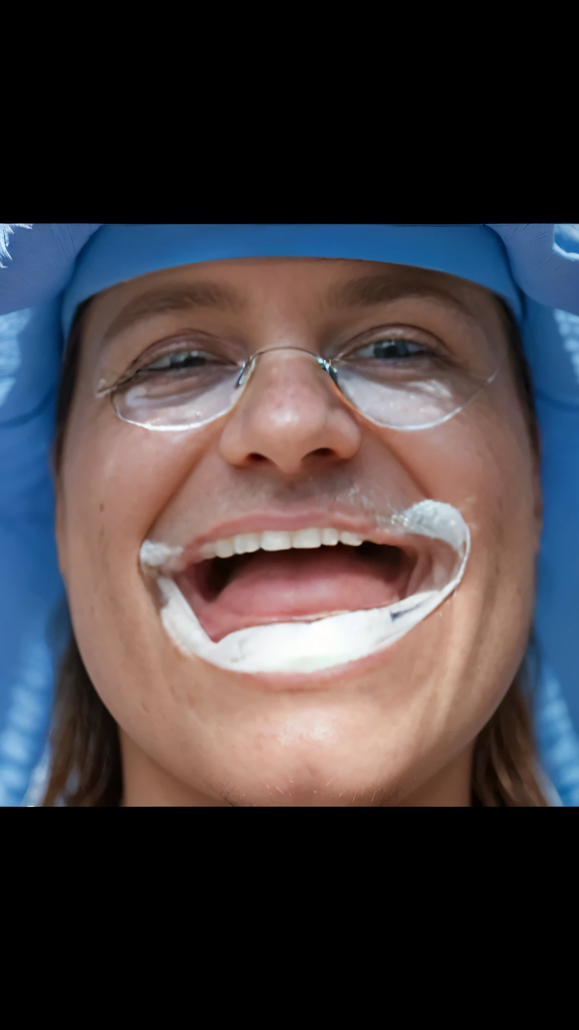 (masterpiece), (realistic), (ultra detailed), ( high reest quality), (photorealistic), (perfect face), (perfect anatomy), ((Franciscan)), man, male, solo, (((30 years old))), buggy from one piece, buggy, one piece, long hair, blue hair, wearing big hat, wearing a white robe, wearing, a white hat, wearing a purple head band, wearing red clothes, (((her mouth opened in a wide laugh)))