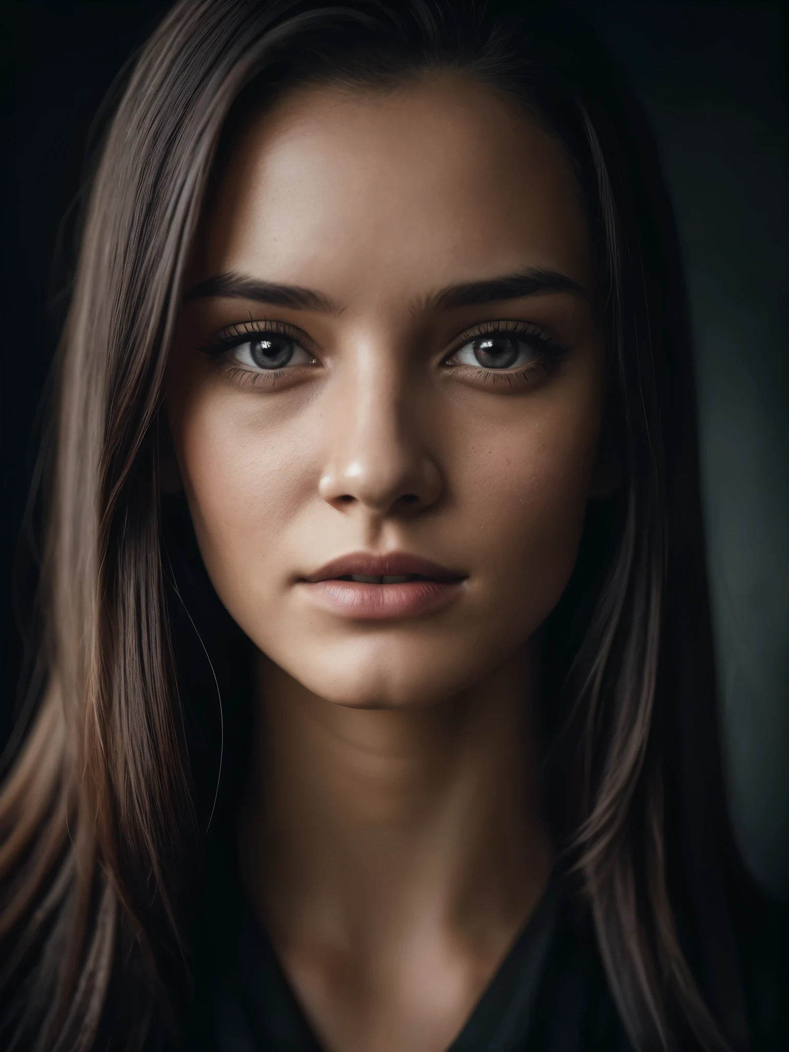 (close-up, editorial photograph of a 21 year old woman), (highly detailed face:1.4) (smile:0.7) (background inside dark, moody, private study:1.3) POV, by lee jeffries, nikon d850, film stock photograph ,4 kodak portra 400 ,camera f1.6 lens ,rich colors ,hyper realistic ,lifelike texture, dramatic lighting , cinestill 800,