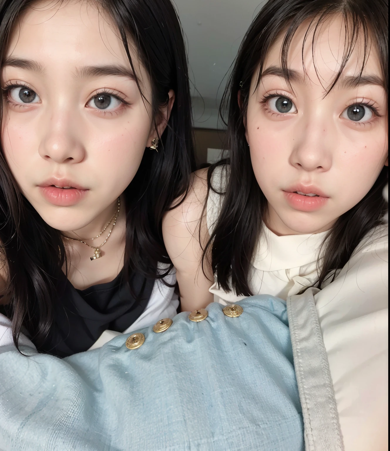 two Asian women with long black hair and white shirts, Ulzzang, Jinyoung Shin, com cara fofa - linda, korean symmetrical face, with a twin, jaeyeon nam, com preto, 2 olhos, cara clara e fofa, fofo, fotografia selfie 8k, Duas garotas, ssao 8k, rostos lindos, com olhos grandes, Sha Xi