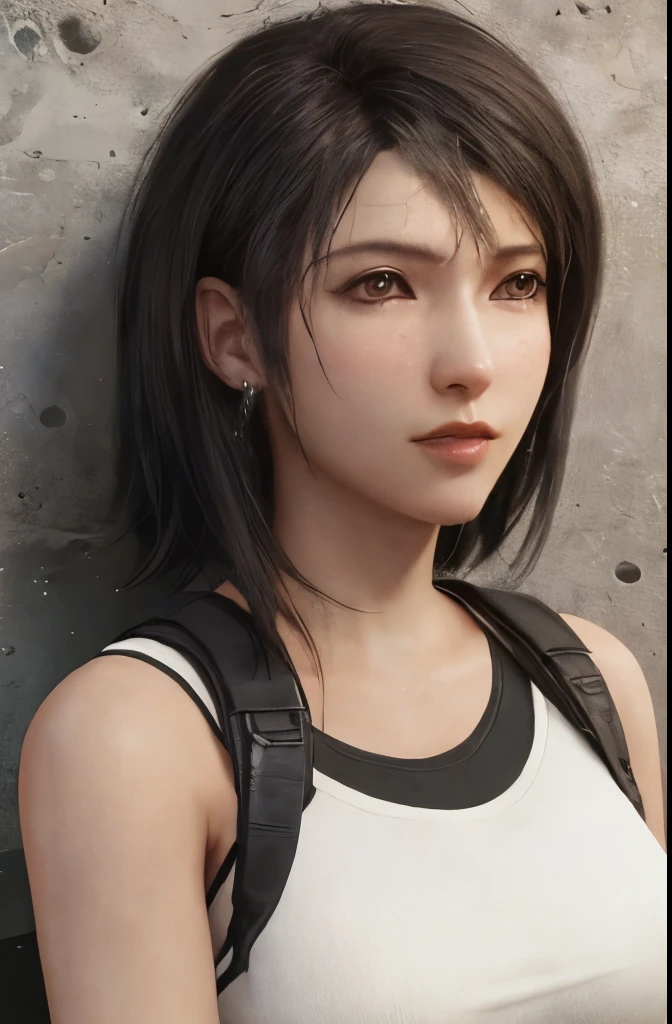 (masterpiece), (Highest image quality), 8K resolution, Super detailed, Super detailed, realism, realism,Tifa Lockhart、,short hair、dark brown hair、cool pose、Detailed beautiful eyes、Bust B Cup、、Slender body type、concrete wall、metal pipes