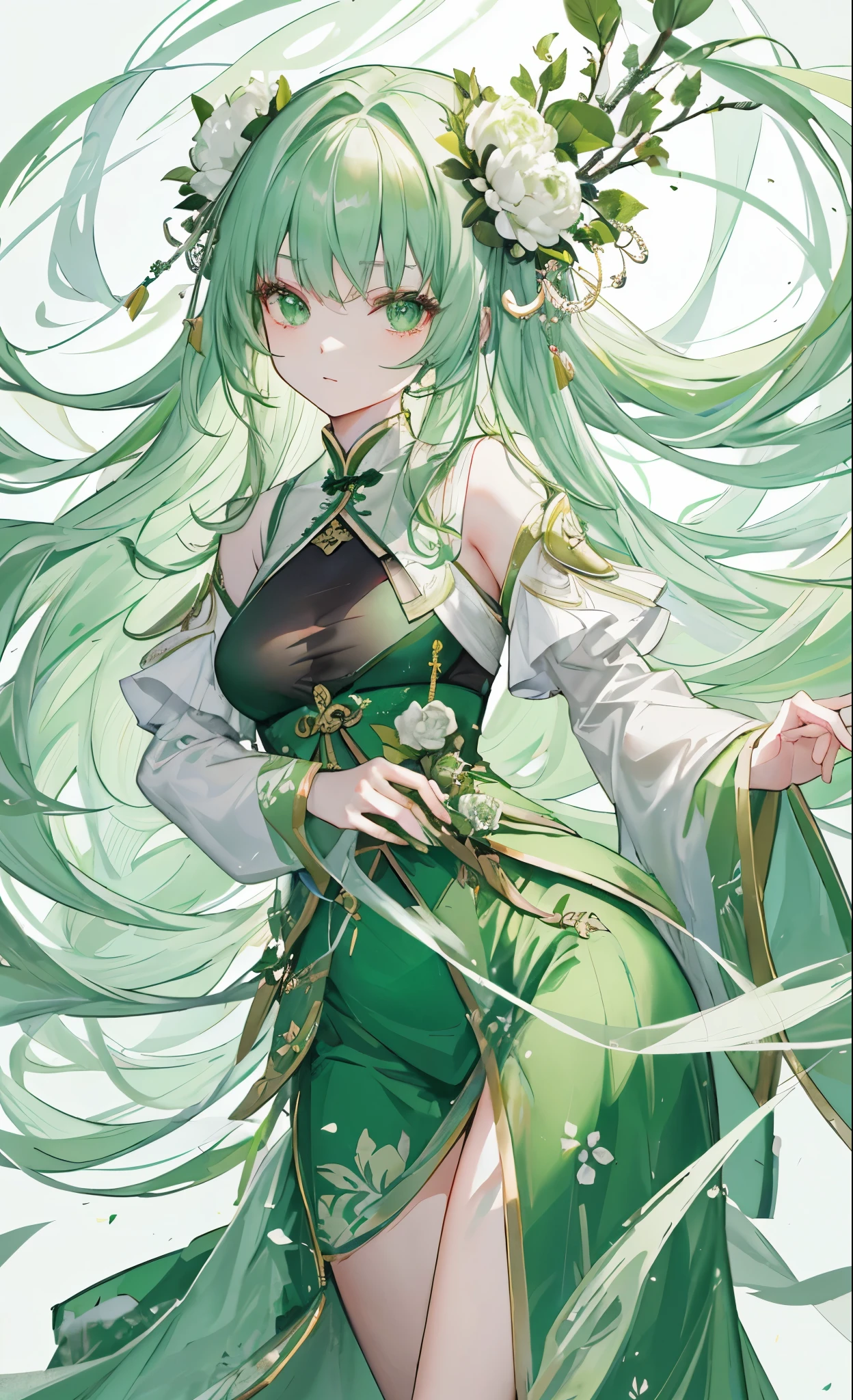 Green peony flowers for decoration，Long light green hair，Dark green and white clothes，Fairy Sister of Hehuan Sect，A crazy beauty who knows how to whip slaves！