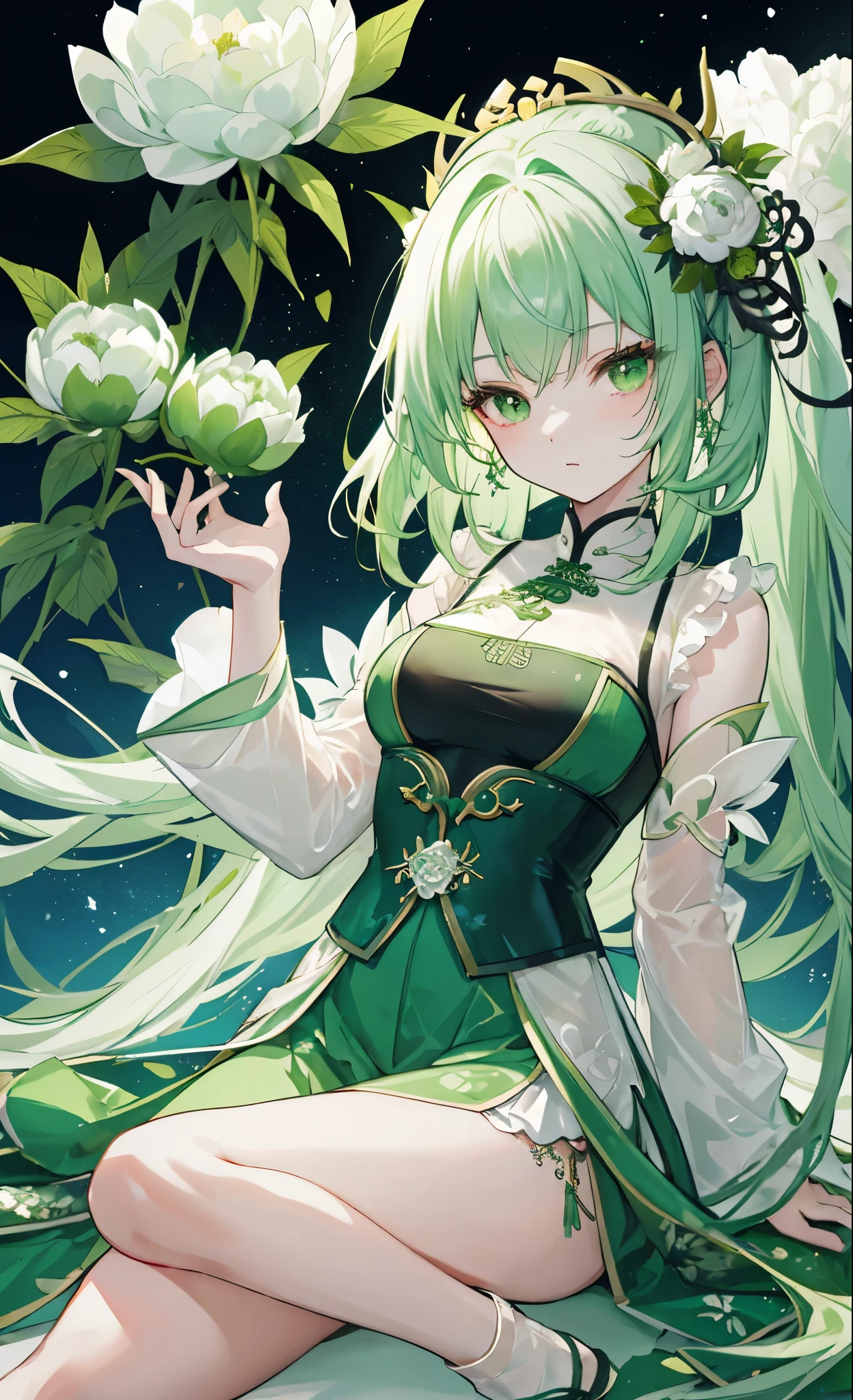 Green peony flowers for decoration，Long light green hair，Dark green and white clothes，Fairy Sister of Hehuan Sect，A crazy beauty who knows how to whip slaves！