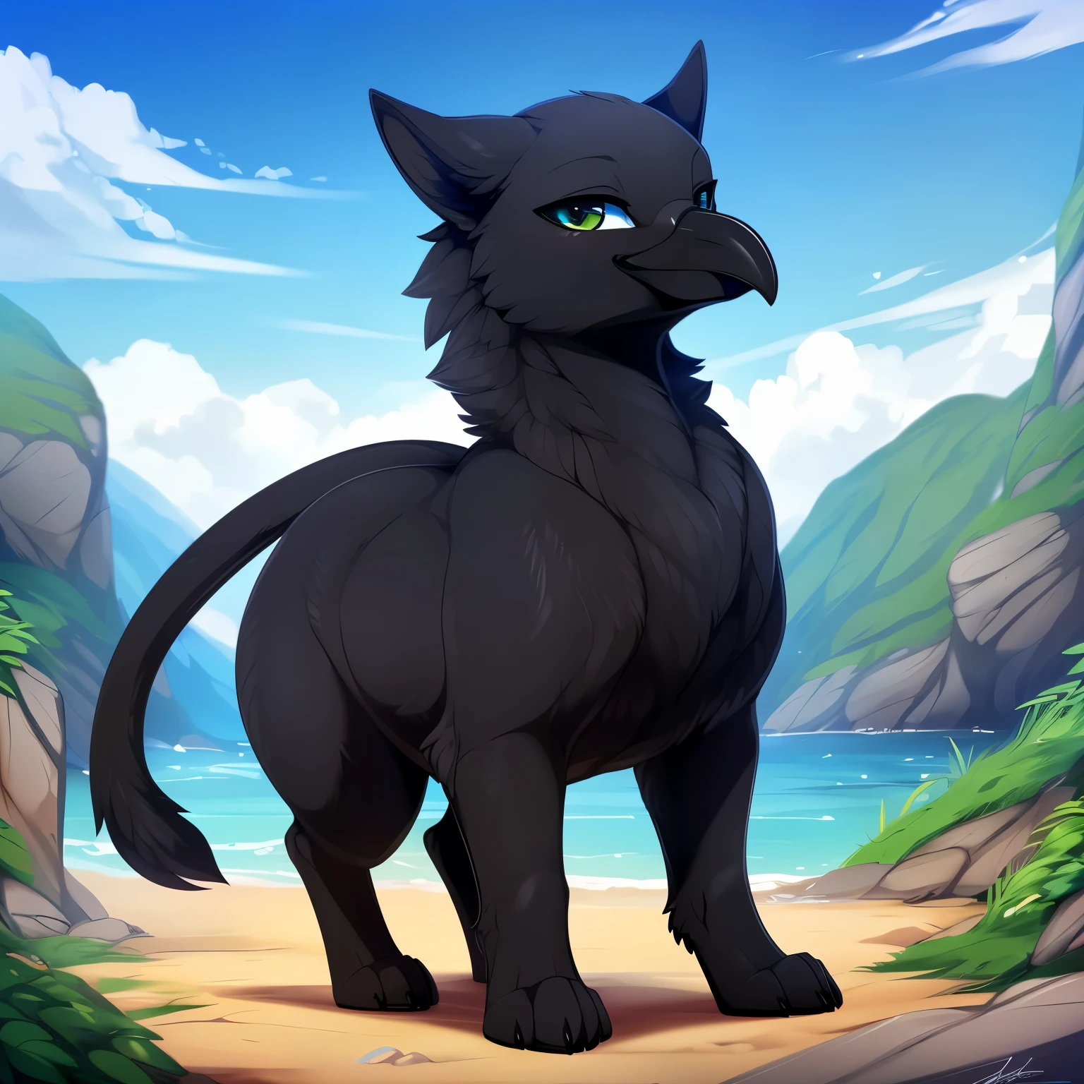 ((black_gryphon)), all_black_panther_body, (feral_quadruped), (by shikaro), (by Inno-Sjoa), (by asaneman), (by DAGASI), female, big_butt, ((excessively_wide_hyper_hips)), normal_tail, (massive_hyper_labia), very_tiny_(digitigrade_feet), (long_(black_crow_beak)), (Perfect_eyes), sexy, seductive, 1080p, (best quality), (masterpiece),