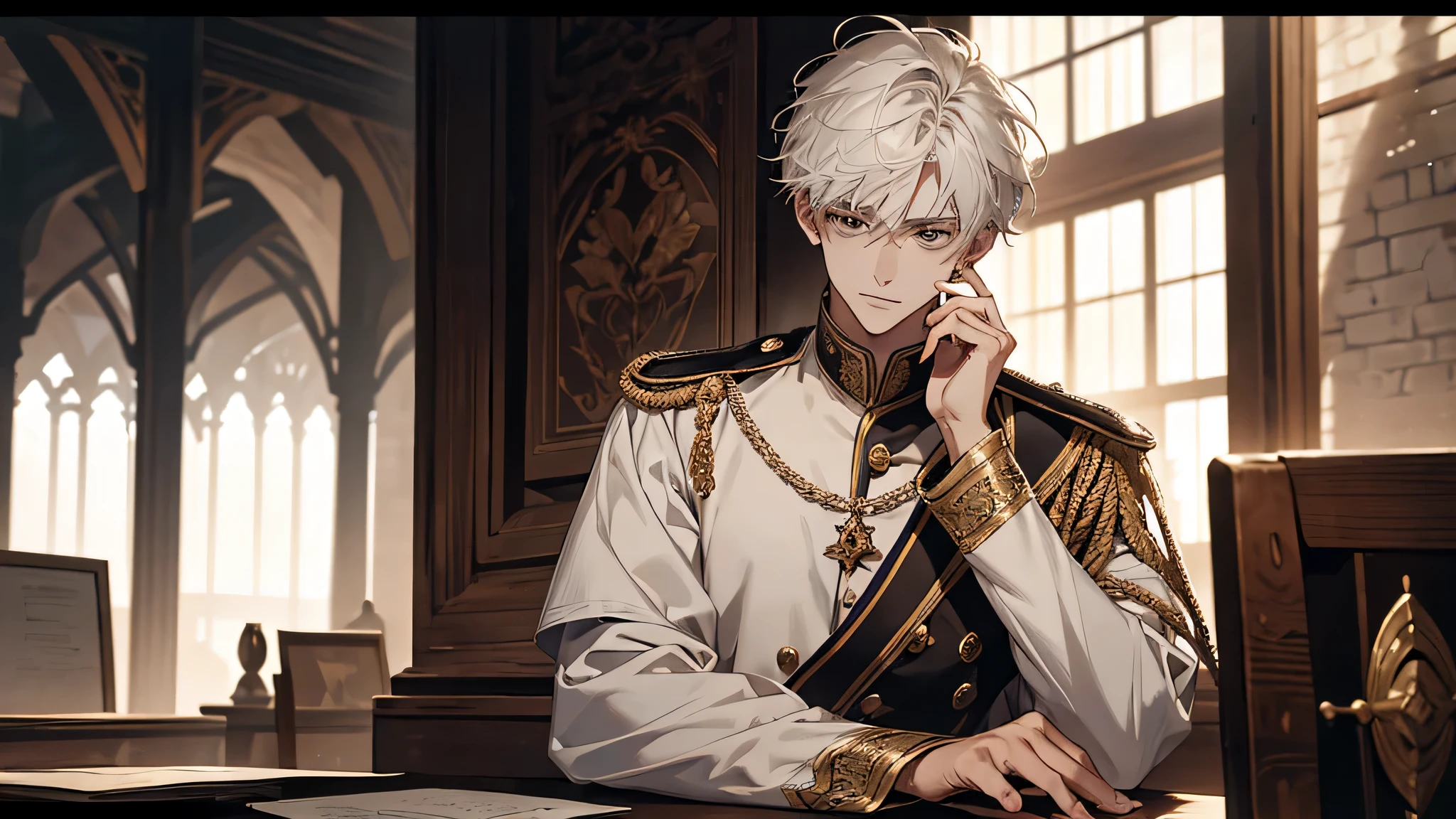 handsome young prince, short white hair with white strands, white officer's uniform, Masterpiece, hiquality, detailed face, respected, calm face, in a workshop, medieval times,