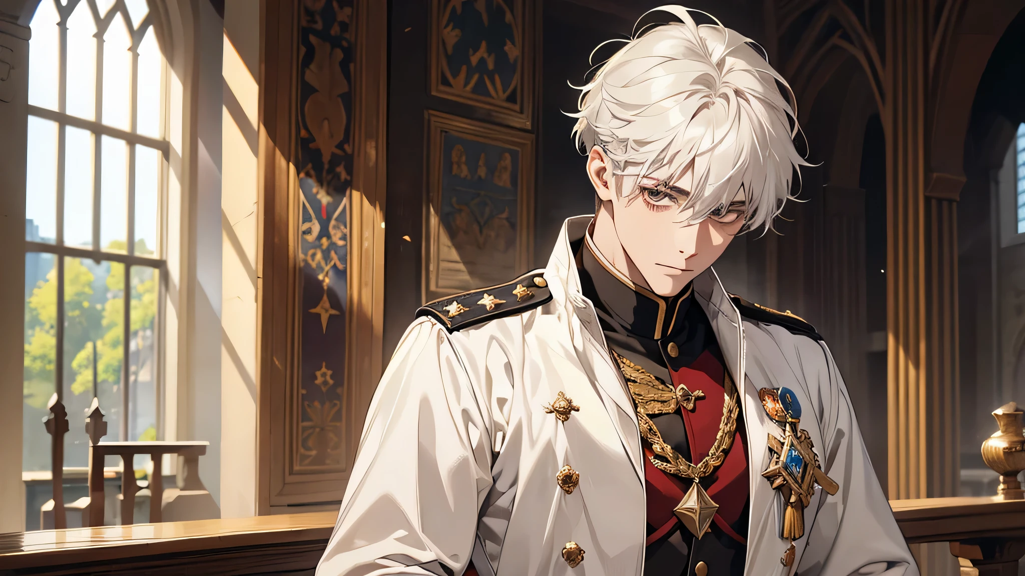 handsome young prince, short white hair with white strands, white officer's uniform, Masterpiece, hiquality, detailed face, respected, calm face, in a workshop, medieval times, 