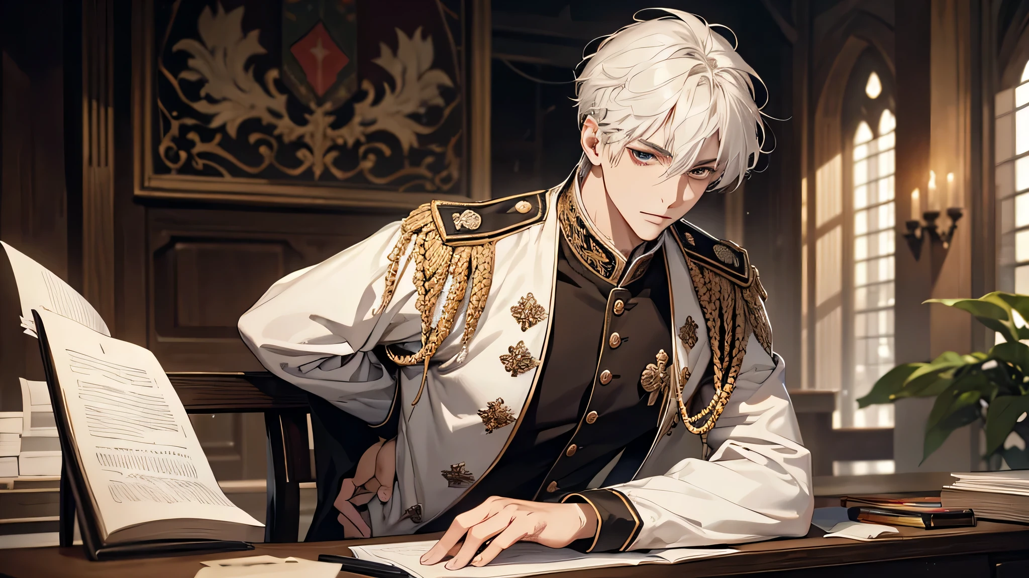 handsome young prince, short white hair with white strands, white officer's uniform, Masterpiece, hiquality, detailed face, respected, calm face, in a workshop, medieval times,