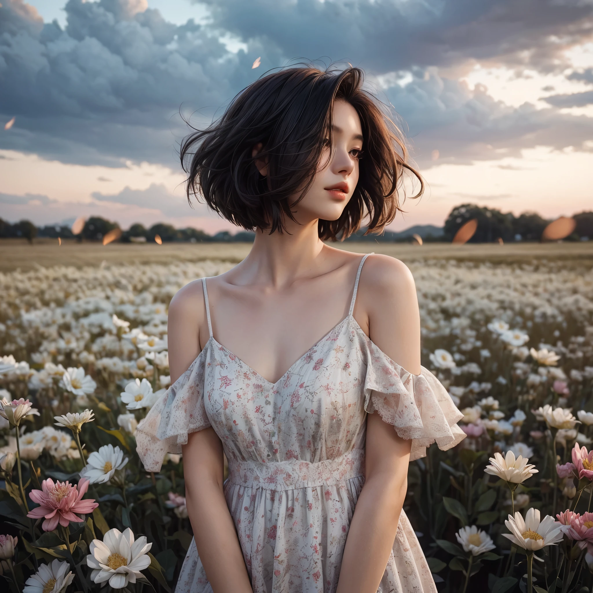 A beautiful woman, short hair fluttering in the wind, wearing a white dress with a small floral motif, standing in the middle of a flower field, with a twilight sky as a background, this photo creates a beautiful and peaceful natural atmosphere