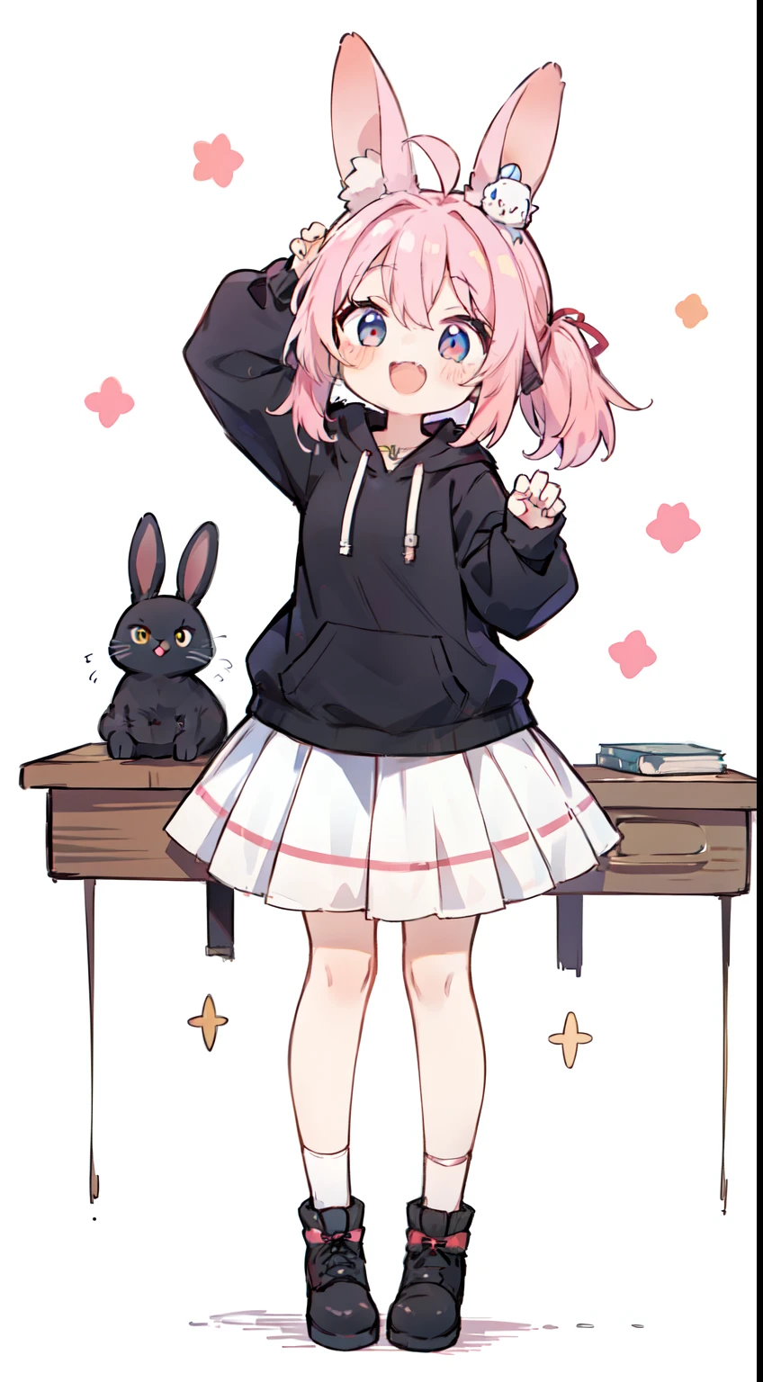 1 girl、((Full body Esbian)), highest quality、table top、pink hair, medium hair, ((twin tails)), rabbit ears、black hoodie、ribbon、laughter、cat pose、laughter that opens its mouth a little、white background