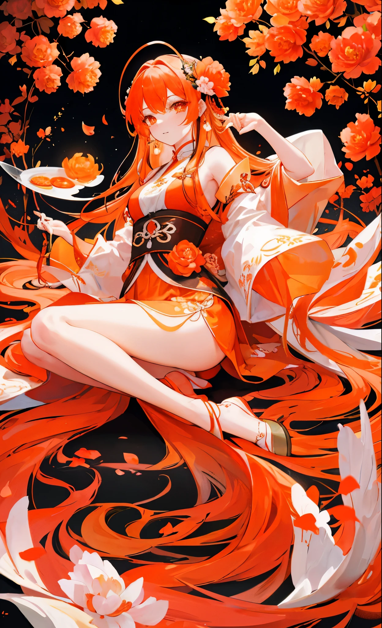 Orange peony flowers for decoration,light orange long hair,Dark orange and white clothes,Fairy Sister of Hehuan Sect,A crazy beauty who knows how to whip slaves!