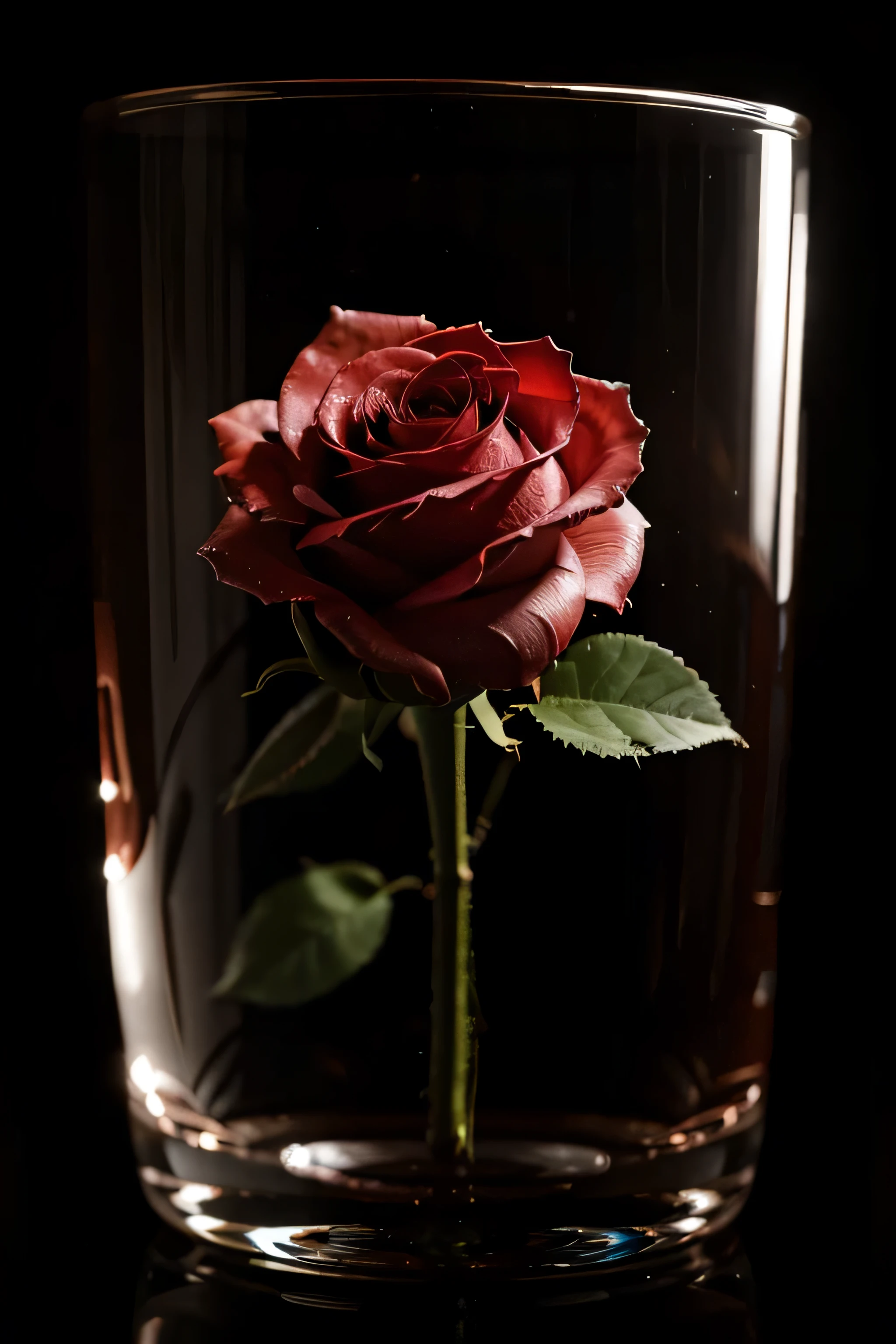 a rose in the glass of water, black background