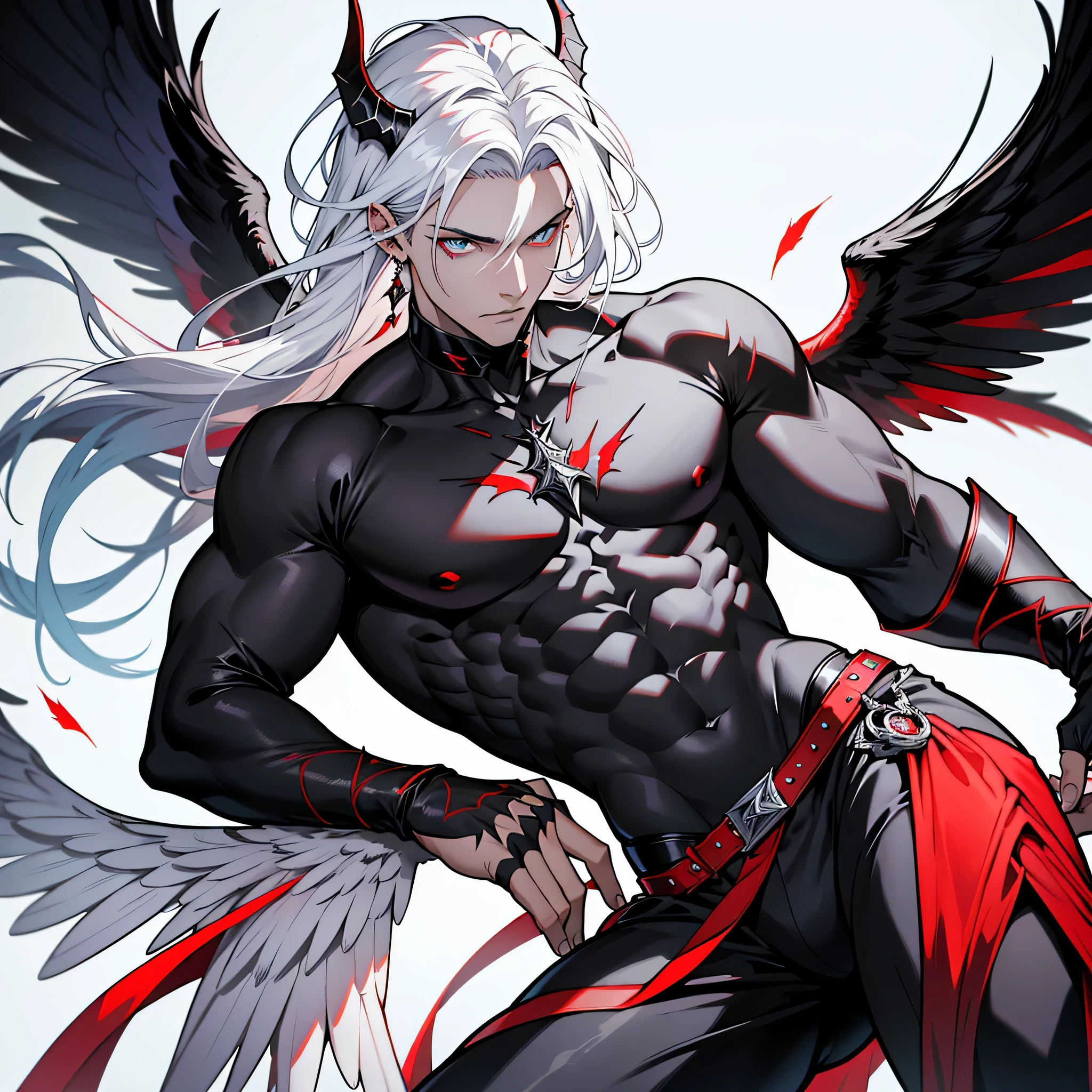 Man with a mesmerizing appearance, crossing the line between angel and demon. Wings open behind him, consistindo em penas pretas e brancas. Os olhos dele, vermelho brilhante e penetrante, had an enigmatic fascination. A noticeable scar adorned the center of his chest., adding a touch of eerie danger to your ethereal presence.