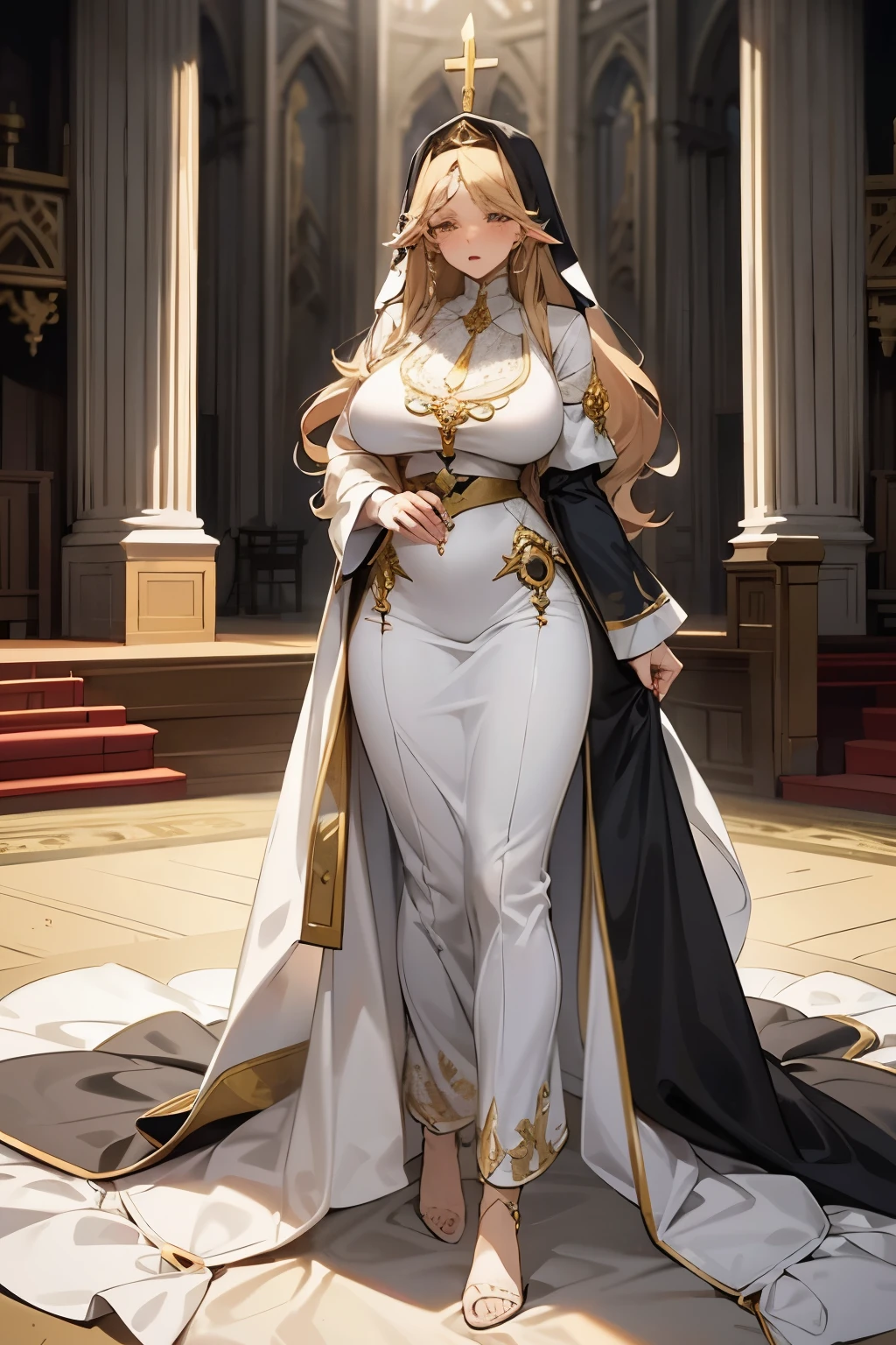 busty anime girl forest elf, milf, mommy, soft and adorable body and face, long hair of a innocent and kindhearted goddess of beauty venus, wearing lightweight loose pajamas underneath an opera singer dress styled like a nun and medival mage, wearing various gold detailed church styled regal ornaments across her front hair going around the veil, character design, full body, concept art, pokemon trainer