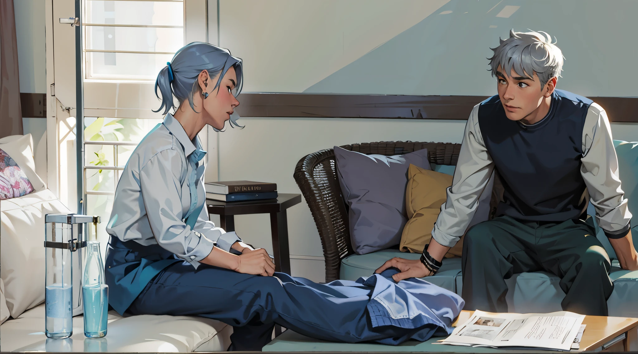 There is a 50 year old woman talking to her 16 year old son, both of them have silver hair, they are sitting in a room. 