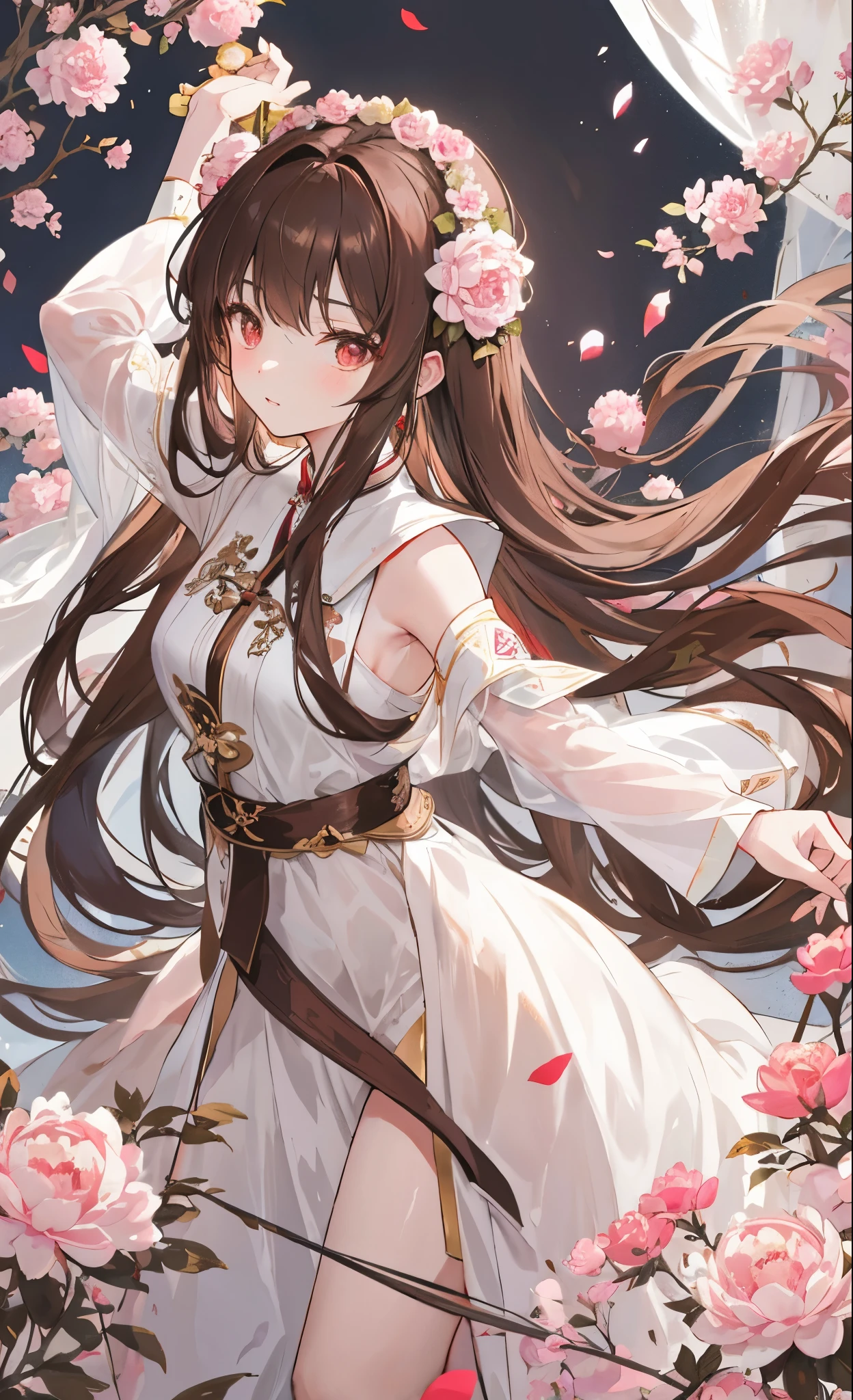 Brown peonies for decoration，Long light brown hair，Dark brown and white clothes，Fairy Sister of Hehuan Sect，A crazy beauty who knows how to whip slaves！