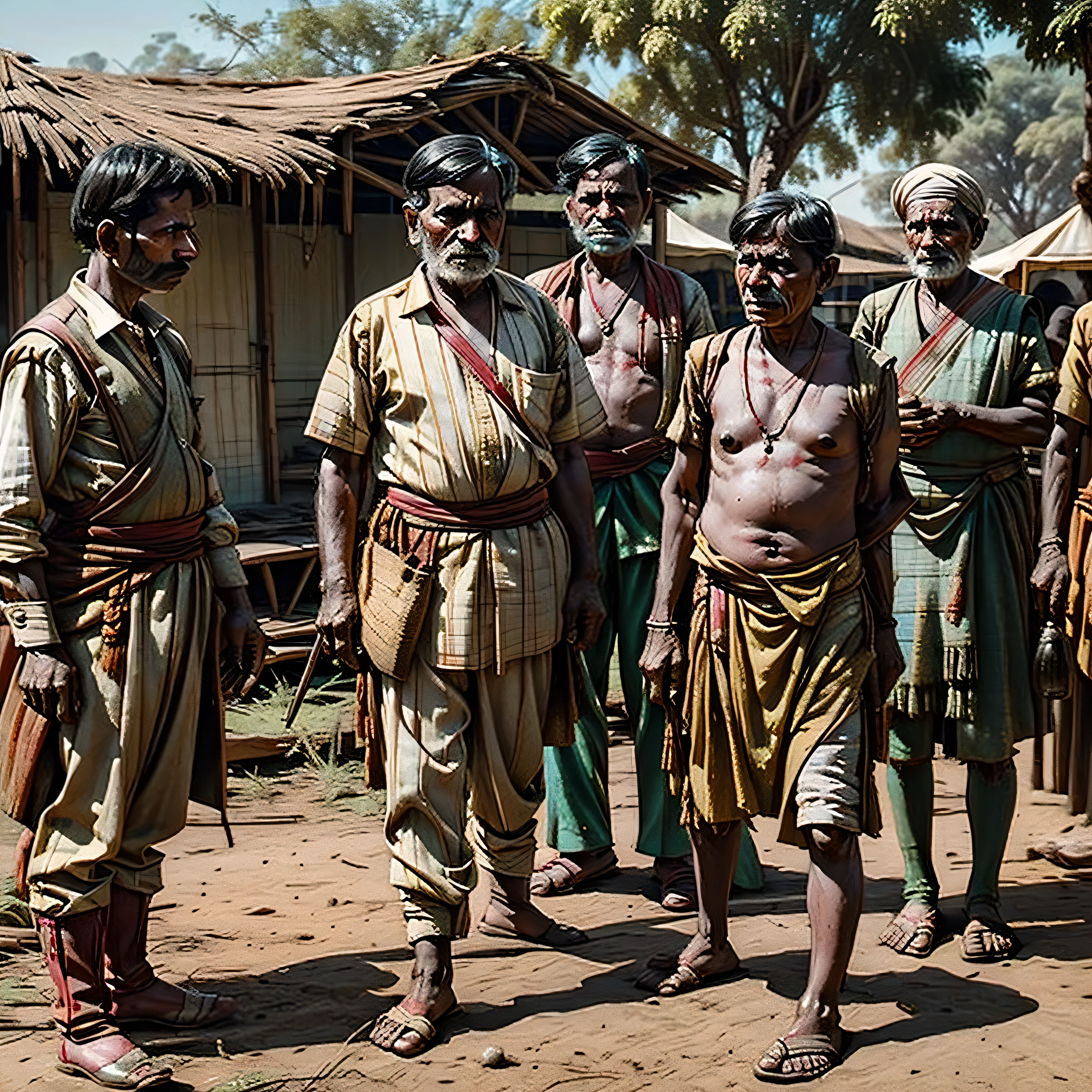 A man guards his family from the cannibals during the Madras famine of 1877 at the time of British Raj, India.