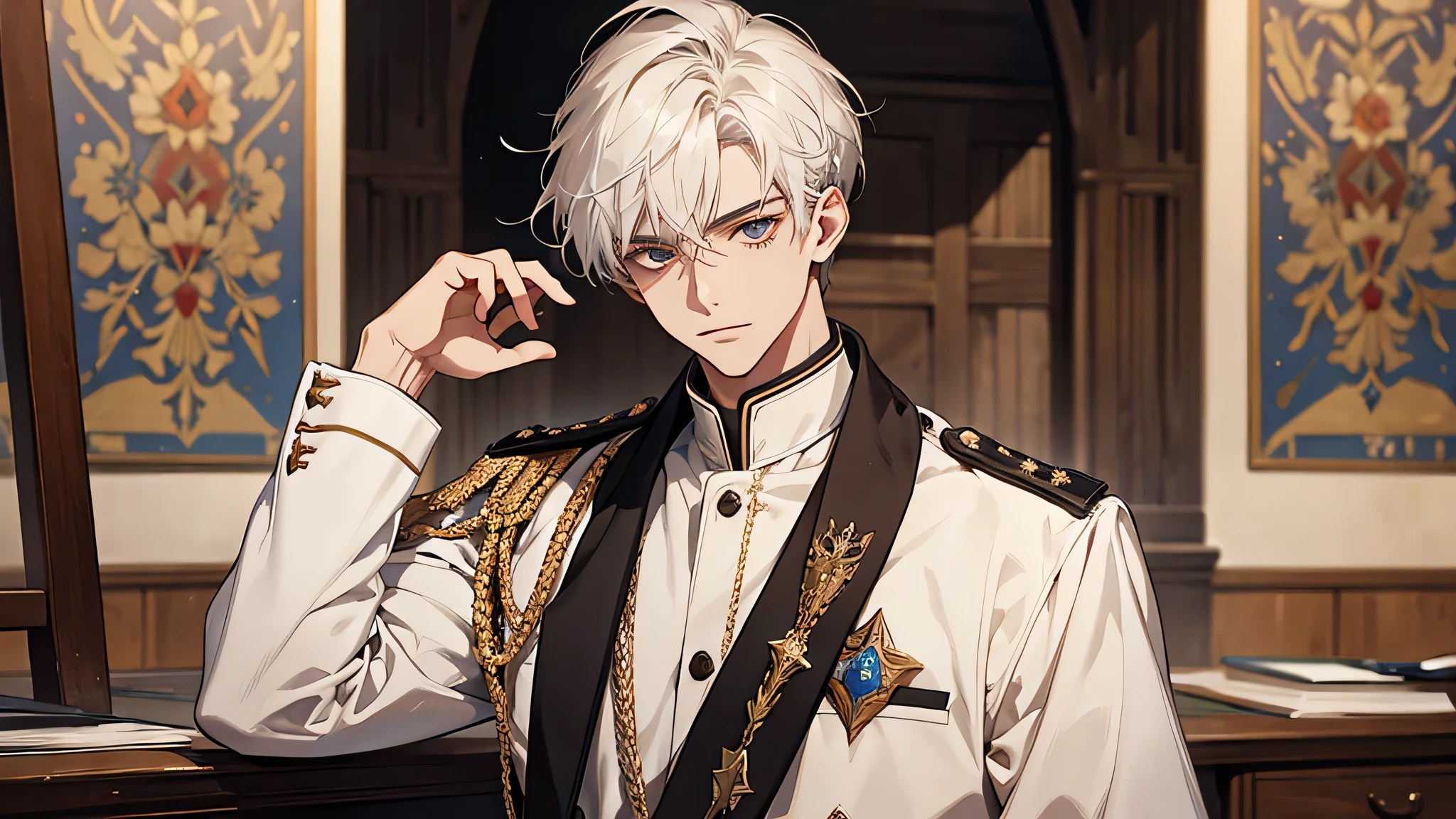 handsome young prince, short white hair with white strands, white officer's uniform, Masterpiece, hiquality, detailed face, calm face, in a workshop, medieval times