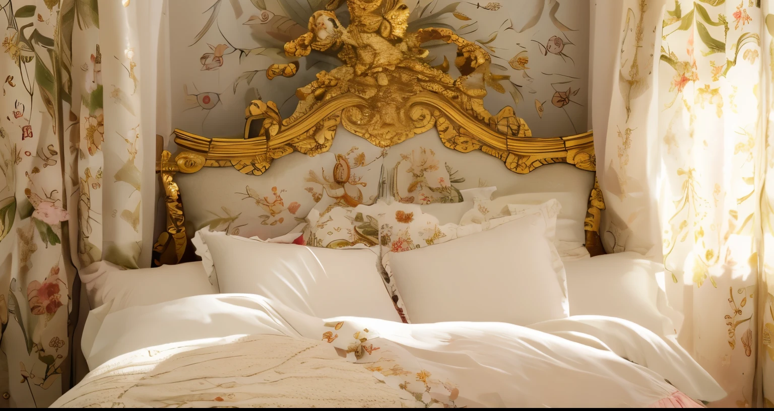 ,highest quality, masterpiece, highest resolution, artwork, super それにget used to it, many get used to it, get used to it, それにget used to it, 3K realistic photos,,Pillow with large frills and ribbons,Detailed pillow,白い贅沢なcanopy bed,canopy bed,Luxury rococo style curtains on both sides of the bed,many white frilly pillows on the bed,super detailed background,Detailed bed,soft white futon,フリルとリボンが沢山付いた薔薇柄のDetailed bedカバー,romantic atmosphere,Palace bedroom,