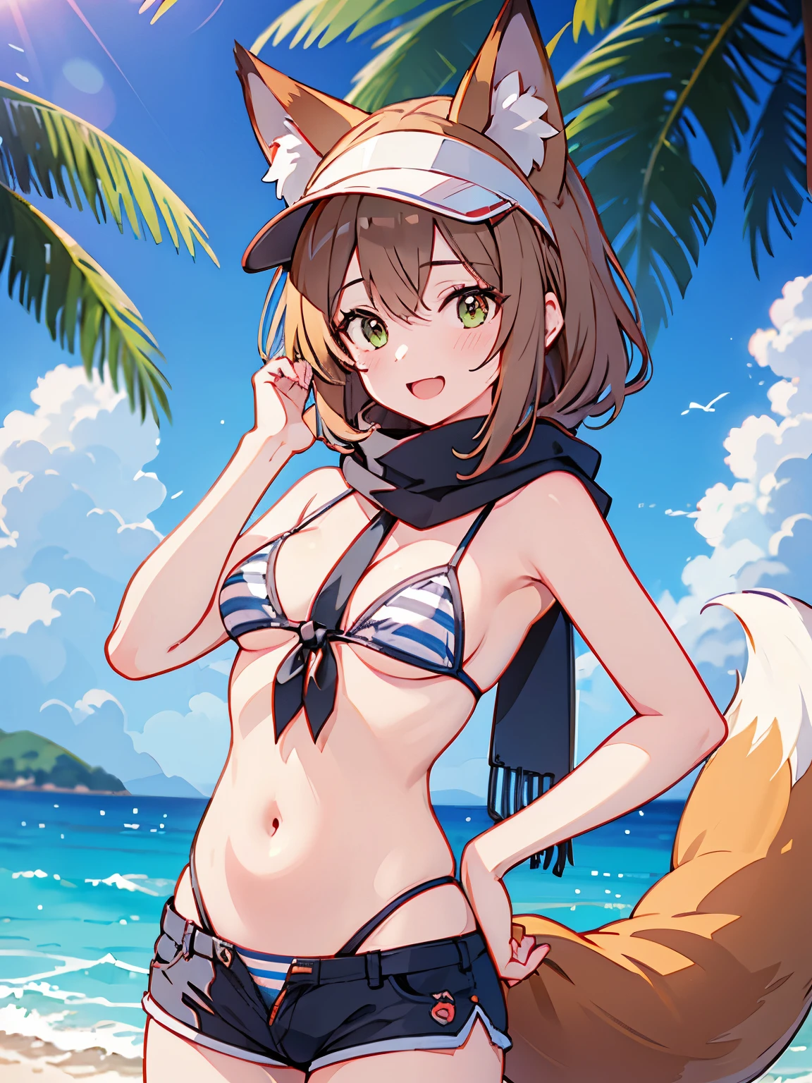 masterpiece,High resolution, animal_ears, tail, 1girl, water着, bikini, palm_wood, Fox_tail, shorts, Fox_ears, scarf, striped_bikini, wood, Open_mouth, smile, front tie_superior, striped, front tie_bikini, animal_ear_fluff, alone, Brown_hair, Ocean, Day, visor_cap, cloud, null, short_shorts, green_null, Fox_tail, chest, Fox_girl, water, lean_forward, belly button, Fox_ears, Hello