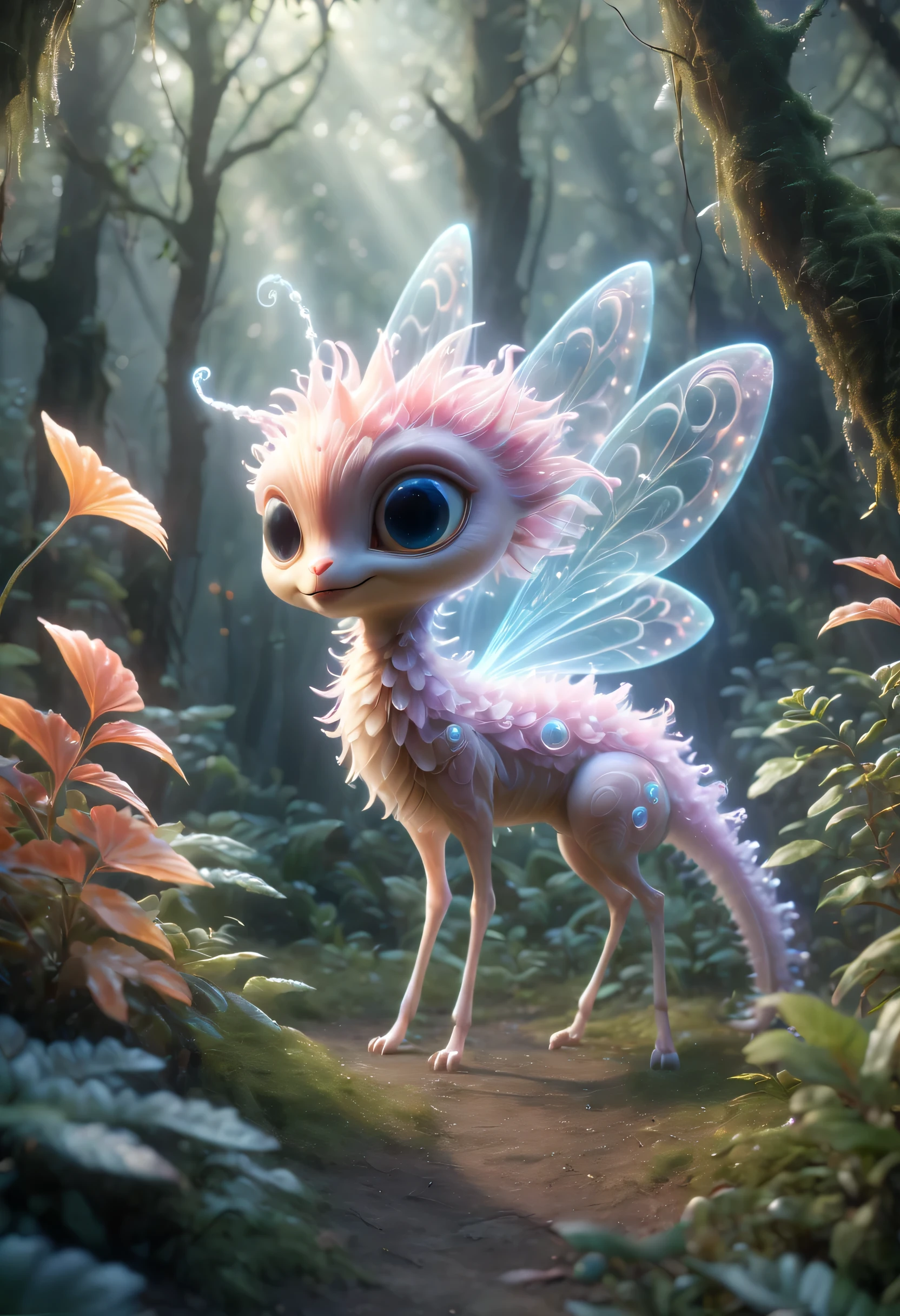 , famous artwork (by ruan jia:1.4), detailed expressive eyes, fantasy style, the mysterious lop-eared chumblegrabble, a wakthurbled monster ermerging from the depths of the misty jinxflagranti swamps of planet dorfshnupf v, shown here with its lampremblative wings glistening in the moonlight as it grimmzles, twisting trees and zoggling the will-o'-the-wisps in its vicinity BREAK medium-sized champagne scrambling toothed plant, cracked texture off-centered woody stem, knobby, bipinnately-cleft veined leaf, penninerved venation, spiral, serrulate leaf margin, orchid compound umbel tubular flower, lanceolate, pink aggregate fruit fruit, rugged, involucre, whorled phyllotaxy, creeping root