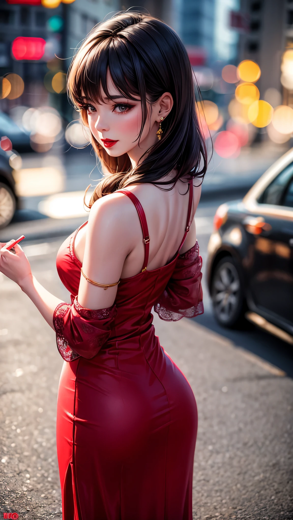 Woman, 30 years, spring clothes, makeup, red lips, cinematic lighting, bloom, bokeh, from above, UHD, masterpiece, textured skin, super detail, high quality, seductive posture, butt