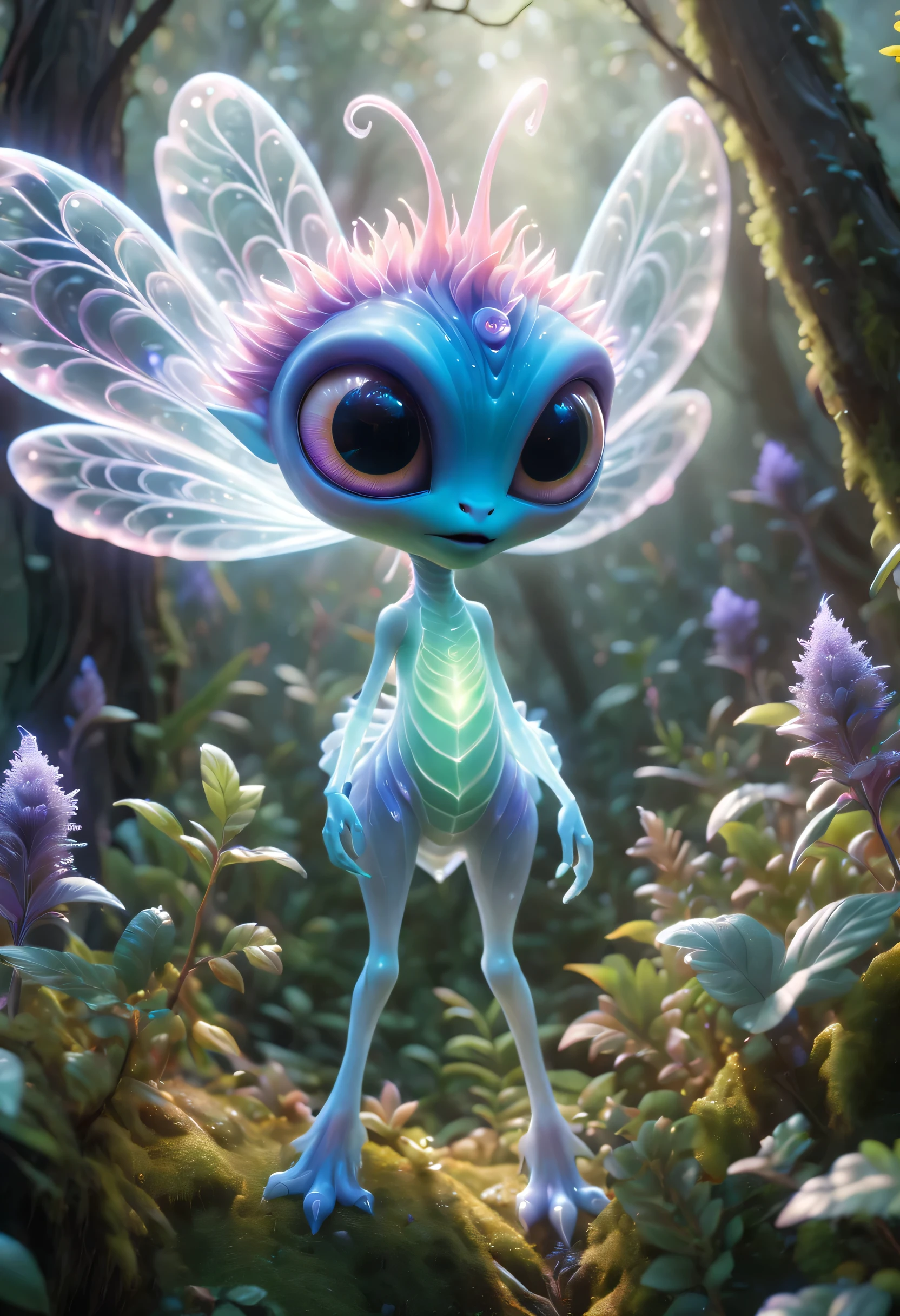 (best quality,4K,8k,high resolution,masterpiece:1.2),Super detailed,(actual,photoactual,photo-actual:1.37),alien forest,cute creature,可怕的alien creatures, powerful electromagnetic waves, lightwave, air flight, angry, transparent, long legs, glowing plants, Magic wand, fantasy landscape, bright colors, Glowing atmosphere, Whimsical creatures, otherworldly flora, charming scenery, mysterious aura, enchanted surroundings, alien creatures, mesmerizing charm, Ethereal atmosphere, suractual elements, cosmic energy, Fantasy realm, fantastic environment, surreal creature, EnchantingForest, imaginary world, magical terrain, Whimsical plants, mood lighting, vibrant leaves, Ethereal presence, otherworldly light, Fascinating details, Complex textures, radiant colors
