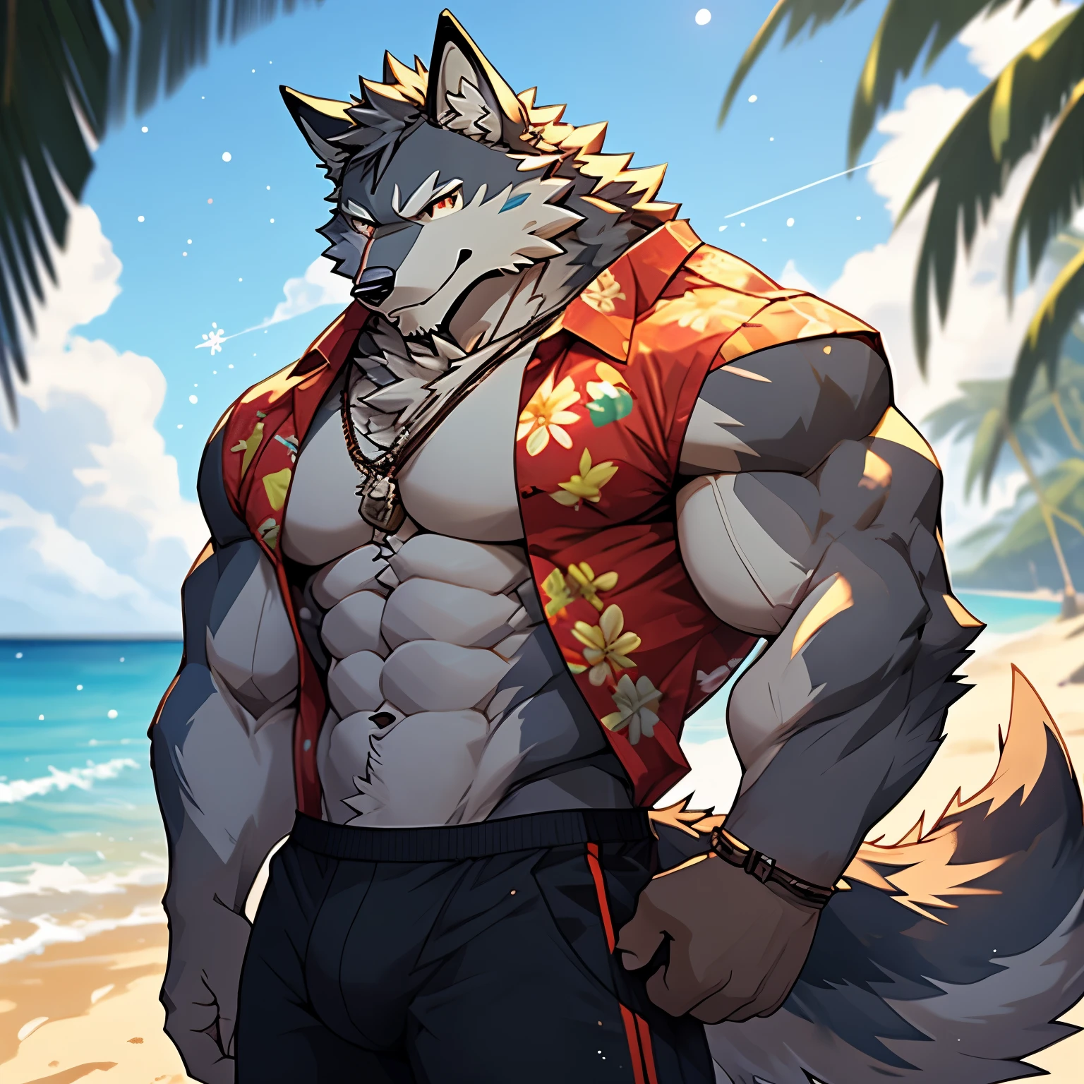 solo, kemono, (wolf), anthro (wolf), anthro, male, anthro male (wolf), anthro (wolf), tail,muscles, handsome, hawaiian shirt, bulge, big abs, cloudy, beach background, depth of field, perfect lighting, (light particles),(best quality),(masterpiece),(ultra detailed),sharp focus, light particles, strong, smiling, rippled muscles, ultradetailed face, ultradetailed eyes, looking at viewer, good looking, bareness, ((detailed face)),