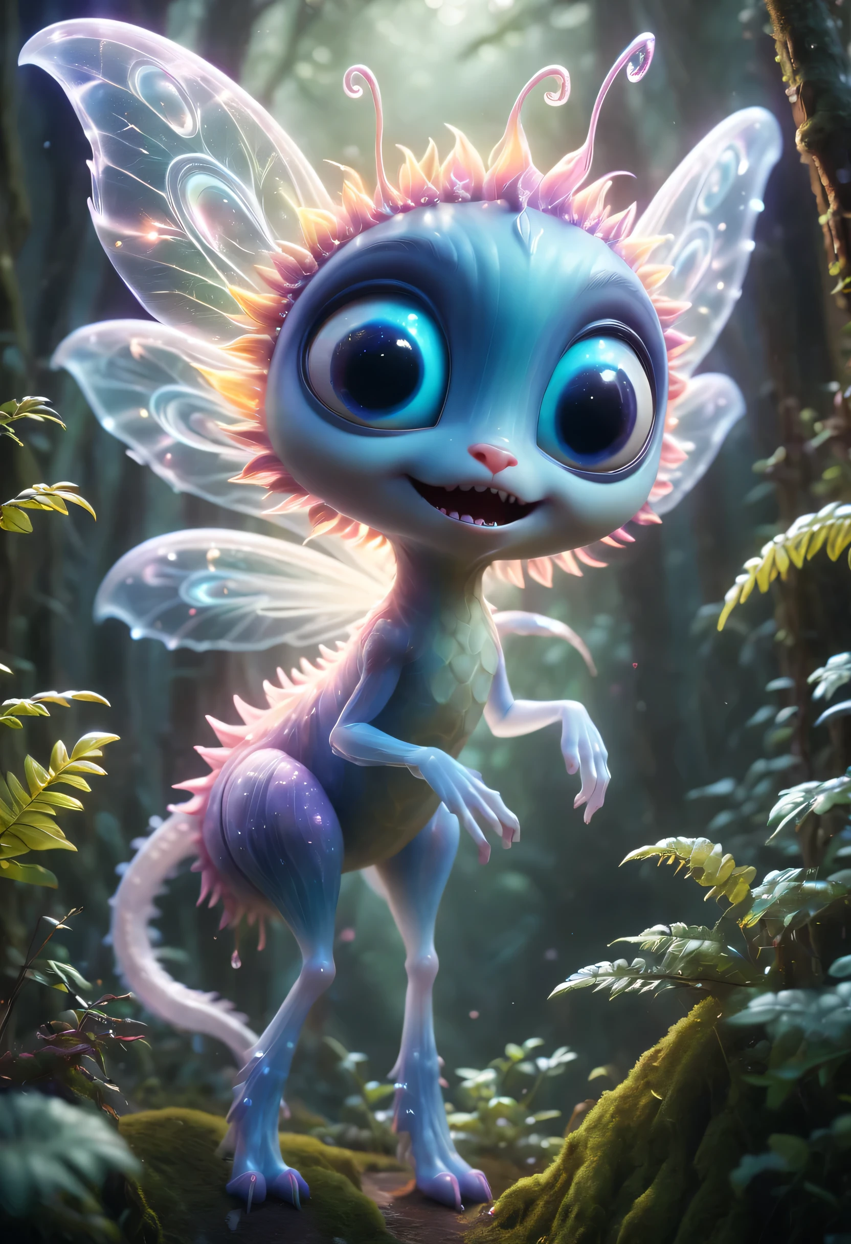 (best quality,4K,8k,high resolution,masterpiece:1.2),Super detailed,(actual,photoactual,photo-actual:1.37),alien forest,cute creature,可怕的alien creatures, powerful electromagnetic waves, lightwave, air flight, angry, transparent, long legs, glowing plants, Magic wand, fantasy landscape, bright colors, Glowing atmosphere, Whimsical creatures, otherworldly flora, charming scenery, mysterious aura, enchanted surroundings, alien creatures, mesmerizing charm, Ethereal atmosphere, suractual elements, cosmic energy, Fantasy realm, fantastic environment, surreal creature, EnchantingForest, imaginary world, magical terrain, Whimsical plants, mood lighting, vibrant leaves, Ethereal presence, otherworldly light, Fascinating details, Complex textures, radiant colors