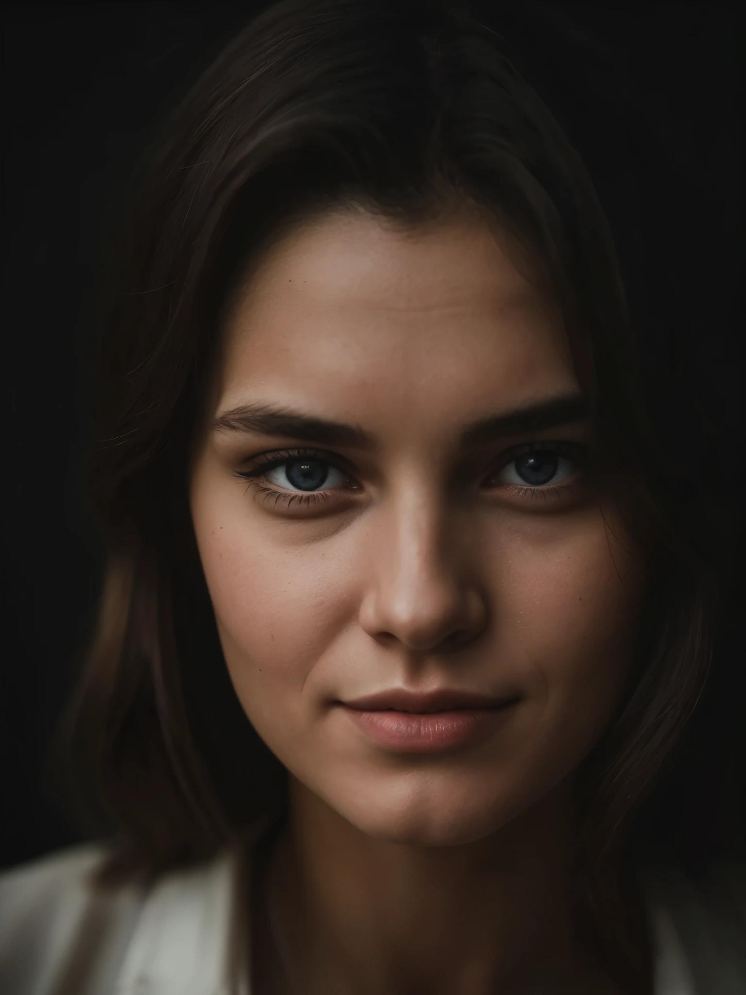 (close-up, editorial photograph of a 21 year old woman), (highly detailed face:1.4) (smile:0.7) (background inside dark, moody, private study:1.3) POV, by lee jeffries, nikon d850, film stock photograph ,4 kodak portra 400 ,camera f1.6 lens ,rich colors ,hyper realistic ,lifelike texture, dramatic lighting , cinestill 800,