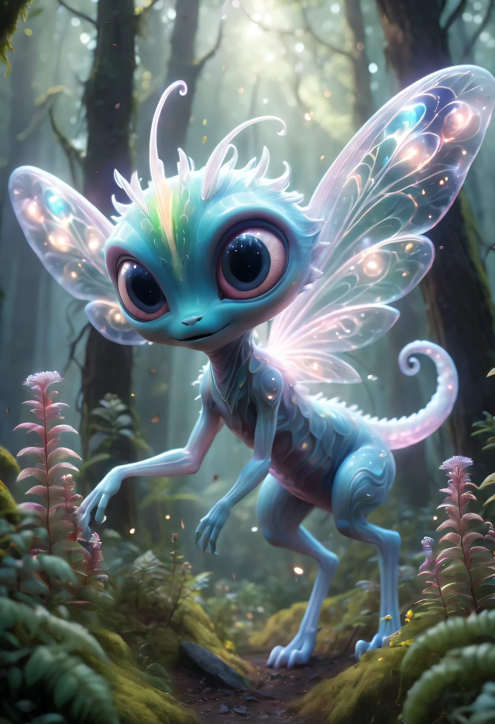 (best quality,4K,8k,high resolution,masterpiece:1.2),Super detailed,(actual,photoactual,photo-actual:1.37),alien forest,cute creature,可怕的alien creatures, powerful electromagnetic waves, lightwave, air flight, angry, transparent, long legs, glowing plants, Magic wand, fantasy landscape, bright colors, Glowing atmosphere, Whimsical creatures, otherworldly flora, charming scenery, mysterious aura, enchanted surroundings, alien creatures, mesmerizing charm, Ethereal atmosphere, suractual elements, cosmic energy, Fantasy realm, fantastic environment, surreal creature, EnchantingForest, imaginary world, magical terrain, Whimsical plants, mood lighting, vibrant leaves, Ethereal presence, otherworldly light, Fascinating details, Complex textures, radiant colors