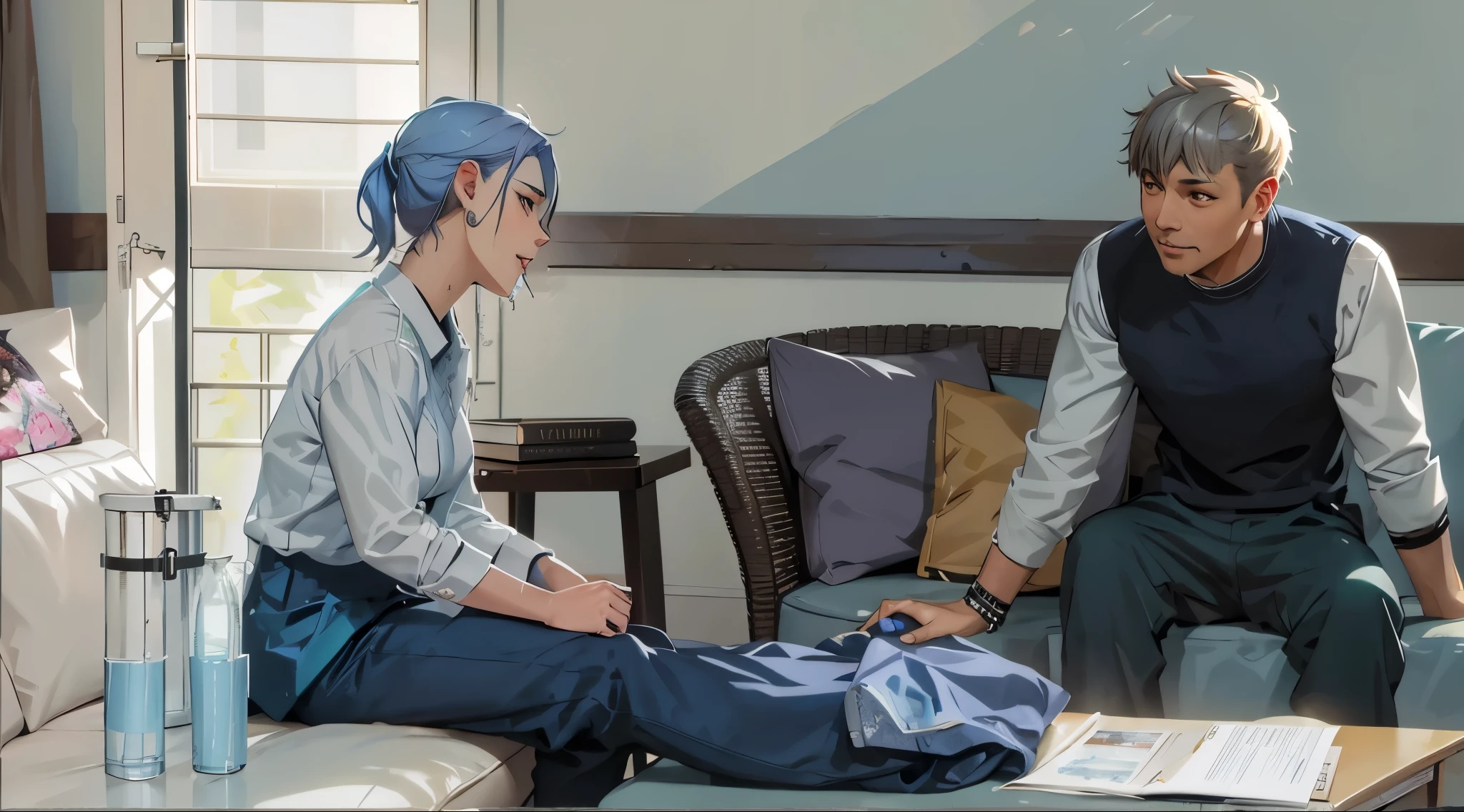 anime characters sitting on a sofa in a living room, obra de arte al estilo de guweiz, Ross Tran y Bayard Wu, Krenz Cushart y Asher Duran, pintado en estudio de pintor anime, loish y ross tran, estilo anime 2d, fanart detallado, al estilo de ross tran, full color illustration, Arte conceptual relajante