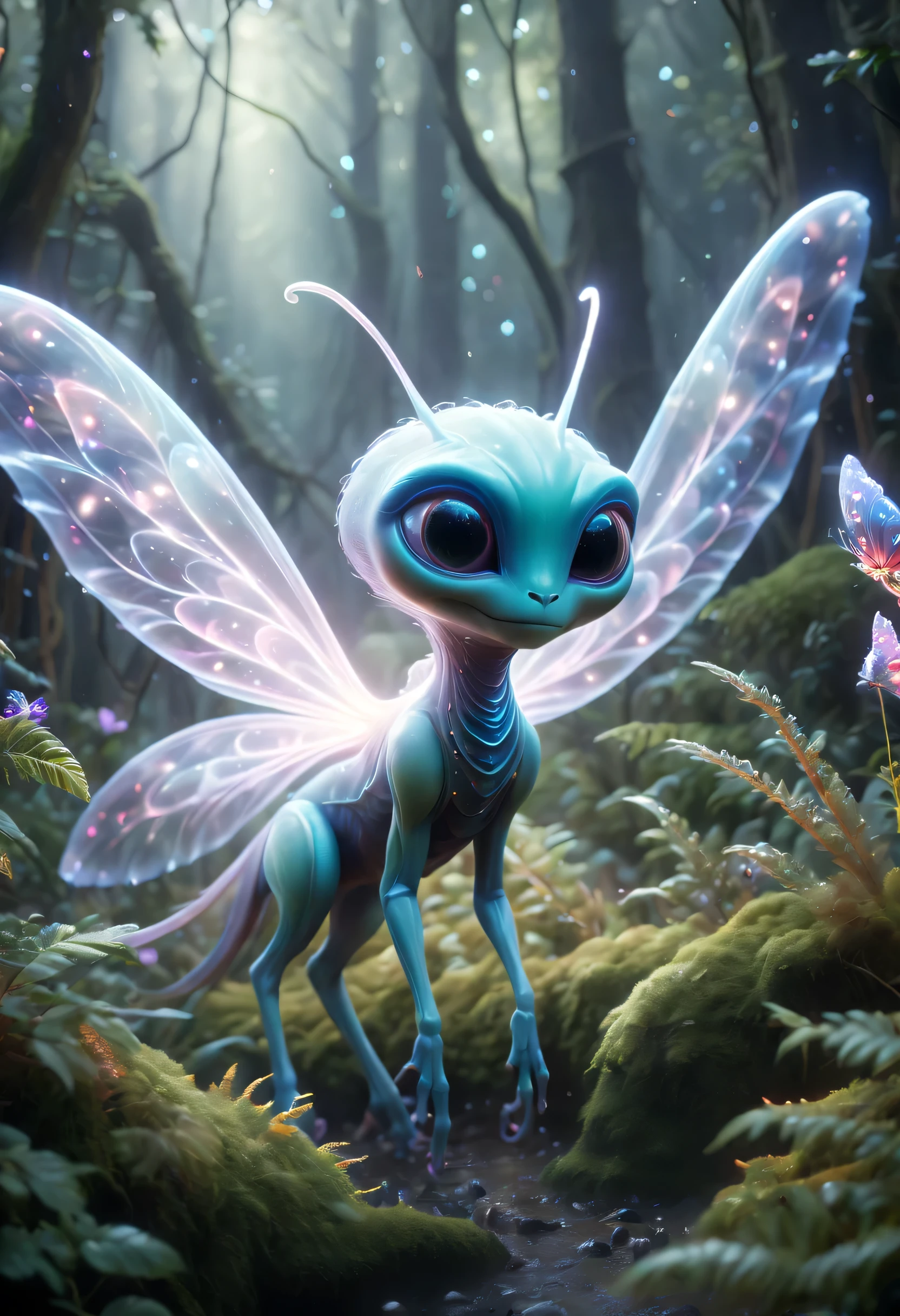 (best quality,4K,8k,high resolution,masterpiece:1.2),Super detailed,(actual,photoactual,photo-actual:1.37),alien forest,cute creature,可怕的alien creatures, powerful electromagnetic waves, lightwave, air flight, angry, transparent, long legs, glowing plants, Magic wand, fantasy landscape, bright colors, Glowing atmosphere, Whimsical creatures, otherworldly flora, charming scenery, mysterious aura, enchanted surroundings, alien creatures, mesmerizing charm, Ethereal atmosphere, suractual elements, cosmic energy, Fantasy realm, fantastic environment, surreal creature, EnchantingForest, imaginary world, magical terrain, Whimsical plants, mood lighting, vibrant leaves, Ethereal presence, otherworldly light, Fascinating details, Complex textures, radiant colors