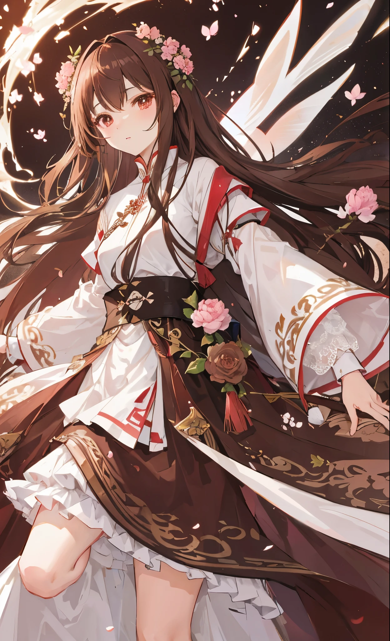 Brown peonies for decoration，Long light brown hair，Dark brown and white clothes，Fairy Sister of Hehuan Sect，A crazy beauty who knows how to whip slaves！