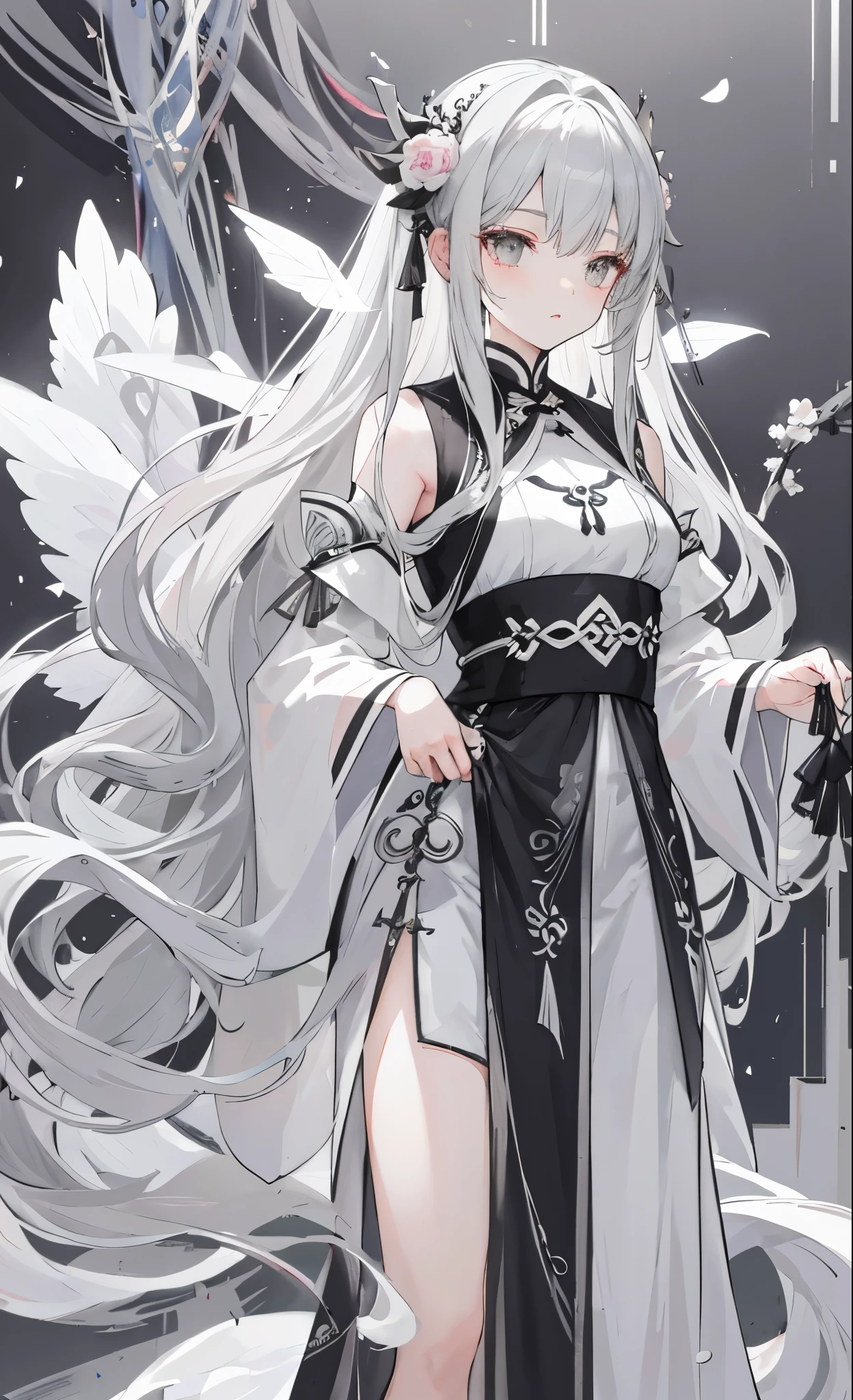 Gray peonies for decoration，light gray long hair，Dark gray and white clothes，Fairy Sister of Hehuan Sect，A crazy beauty who knows how to whip slaves！