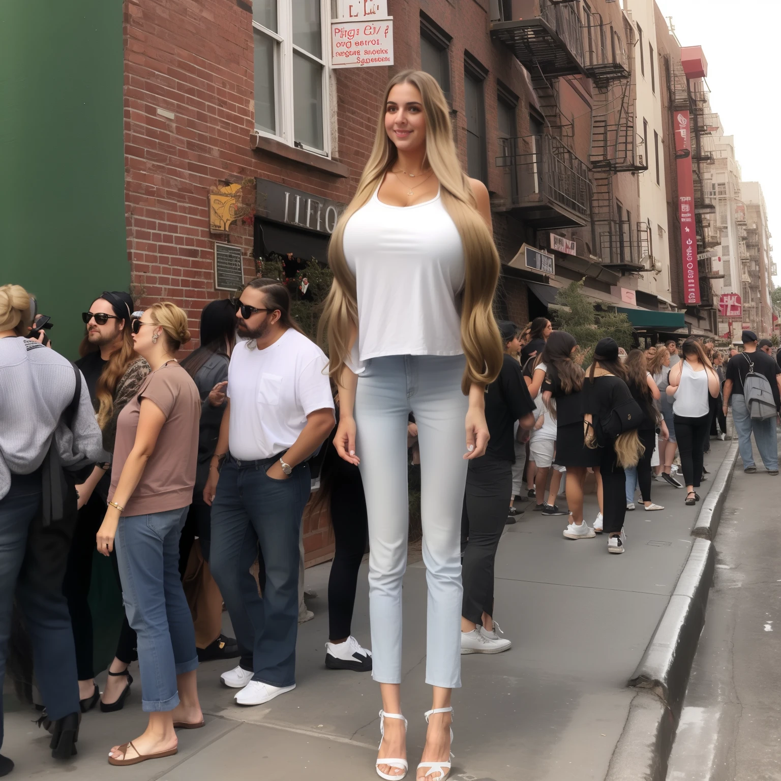 Nude model girl surrounded by many photographers on rooftop