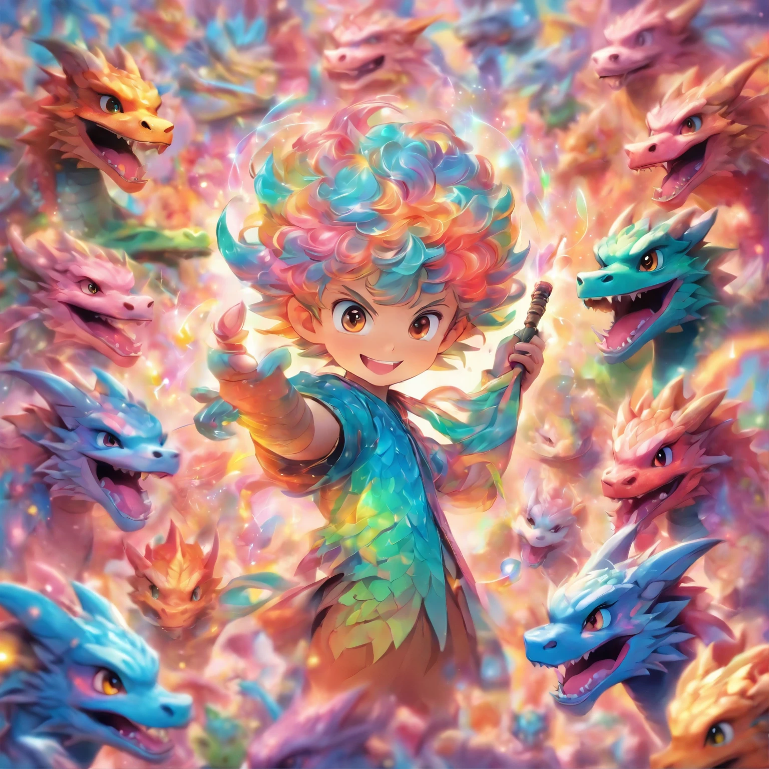 Large collection of anthropomorphic little boy dragon year plastic toy magic wand magic compact pastel color pop art - AR1:1 - rainbow 5