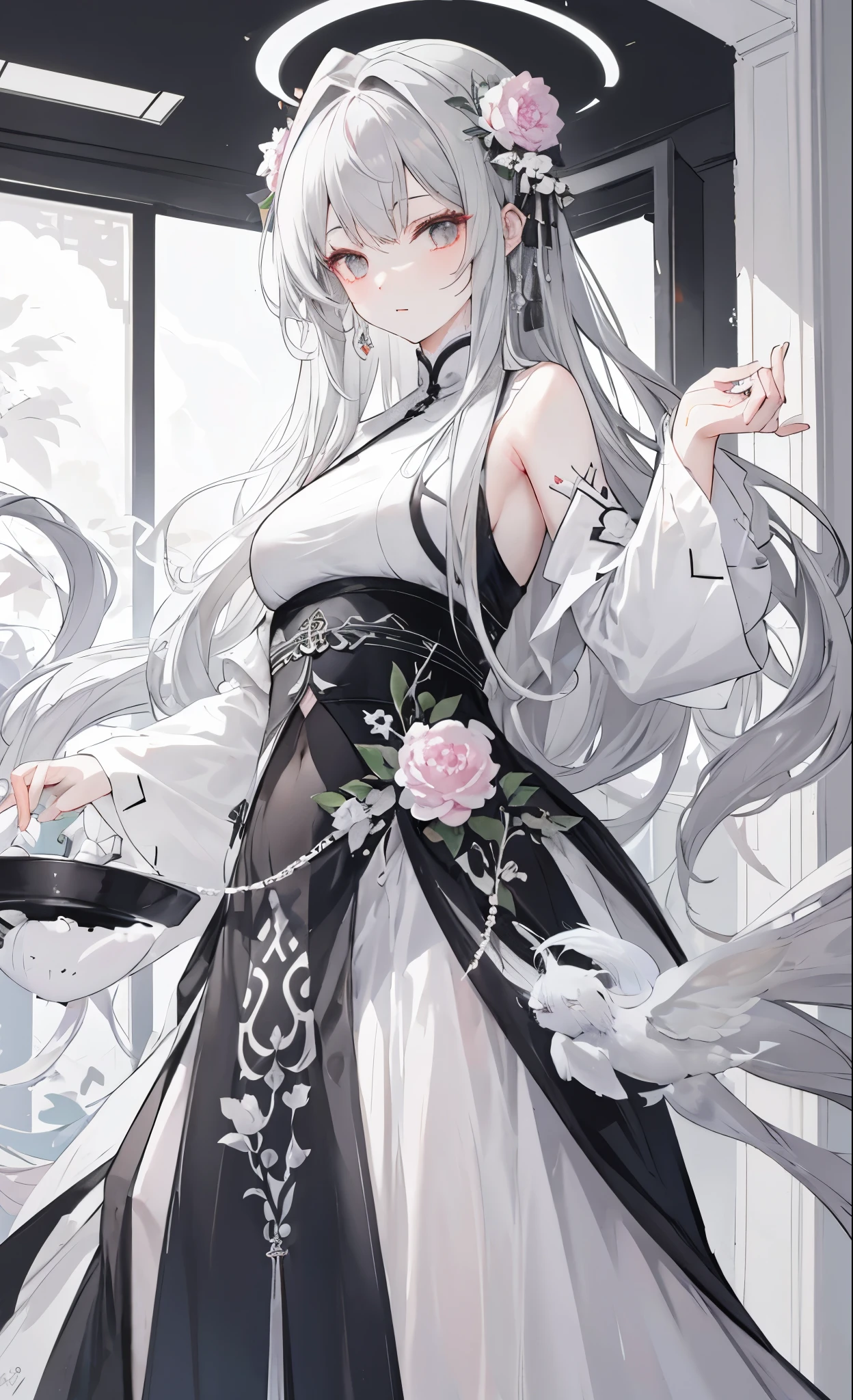 Gray peonies for decoration，light gray long hair，Dark gray and white clothes，Fairy Sister of Hehuan Sect，A crazy beauty who knows how to whip slaves！