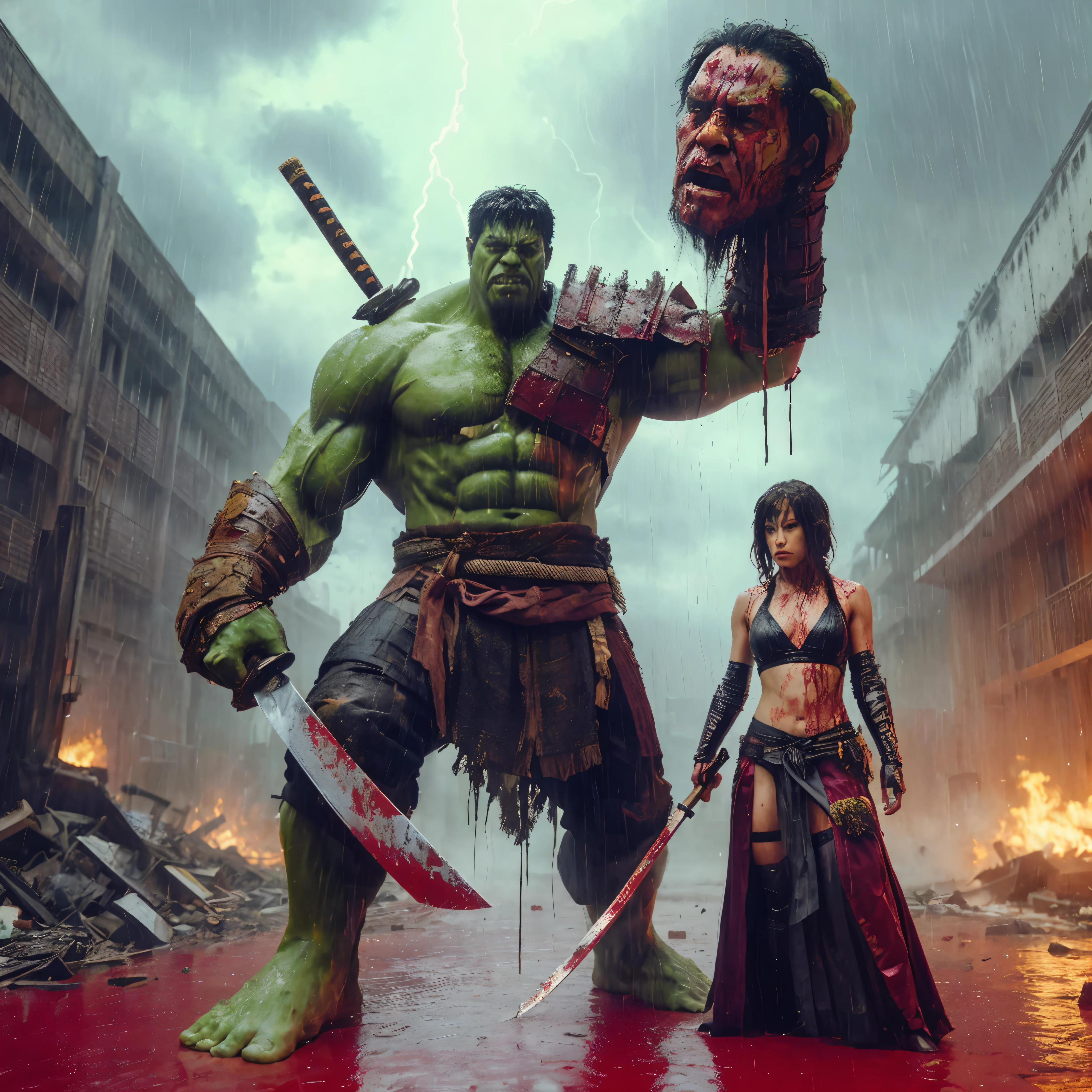 photo real man looks like Hulk from Marvel characters, with samurai realism style,wearing costume like a samurai, he is carrying a big machete and a lifting a replica that looks like a small adult human head,
rainy atmosphere,attack pose with tanktop girl,red liquid,angry,background of the destroyed building and thunder,
atmospheric impressionism, dark romantic realism, pre-raphaelite realism, low tone photos, color photos, soft focus realism --ar 36:61 --stylize 750 --v 6