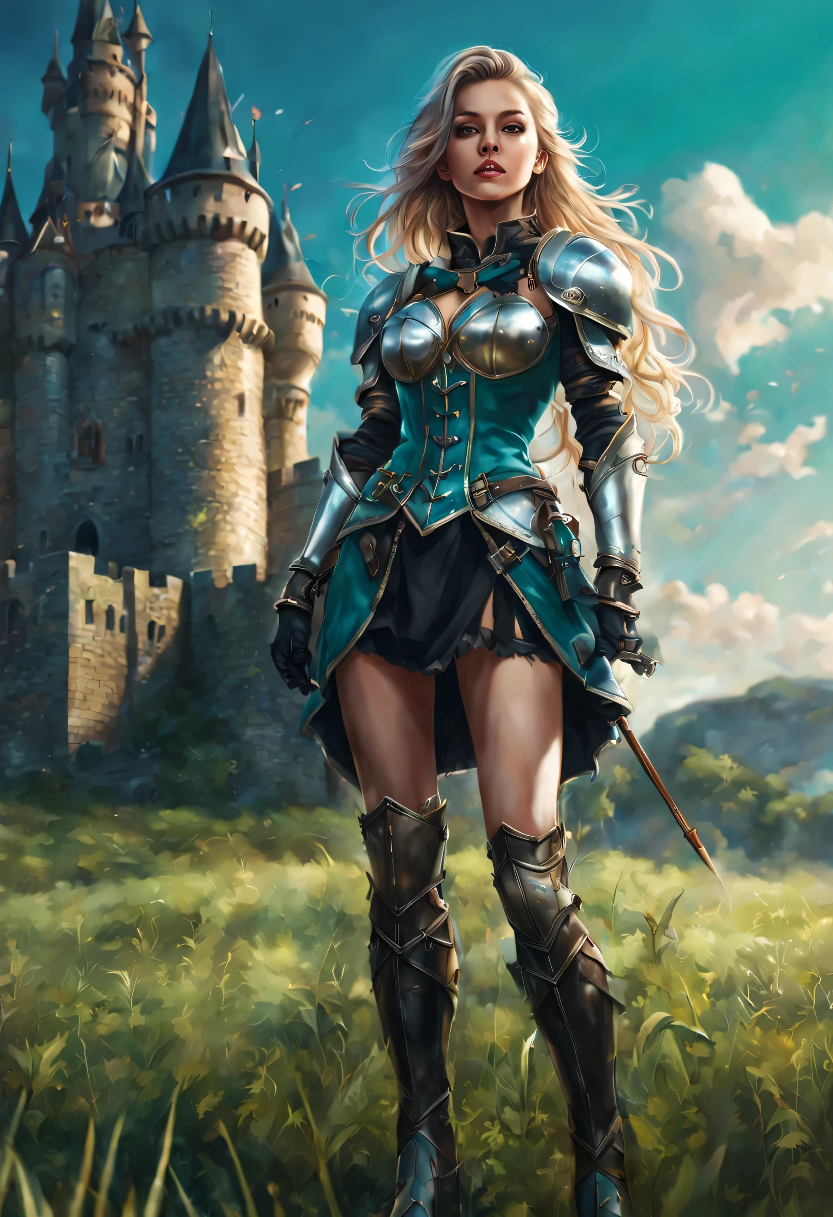 (masterpiece: 1.2), (best quality: 1.2), (highly detailed: 1.3), highres, best illustration, HDR, 4k, 8k, perfect lighting, planets in the sky, field with green grass, castle in the background, big castle, wind breeze, full body, full body shot, solo, 1girl, (sexy pose: 1.2), perfect anatomy, perfect face, long platinum hair, hair braid, medieval clothing, armour, armor with striking details , garter feel, black gloves, cleavage, women's boots, women's boots, detailed , mouth closed, perfect turquoise eyes, looking at the viewer, perfect lighting, epic realism,