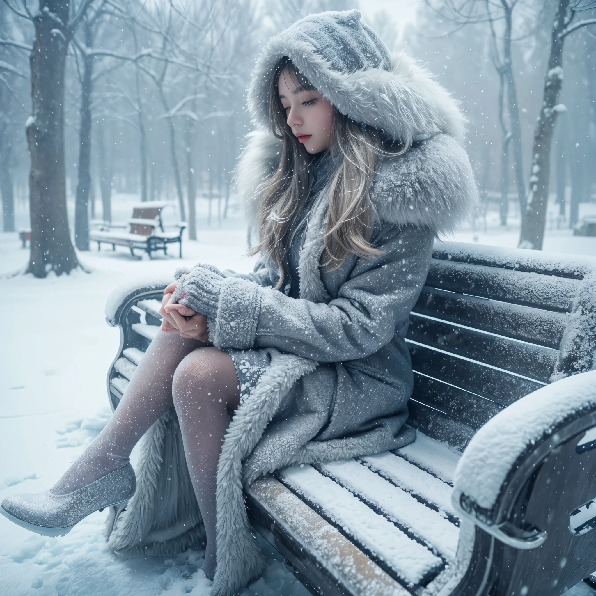 create a girl in ice texture, she is sitting elegantly in a bench in a park, snowy weather, she is covered with heavy snow, it is snowing, 35mm film still, realistic