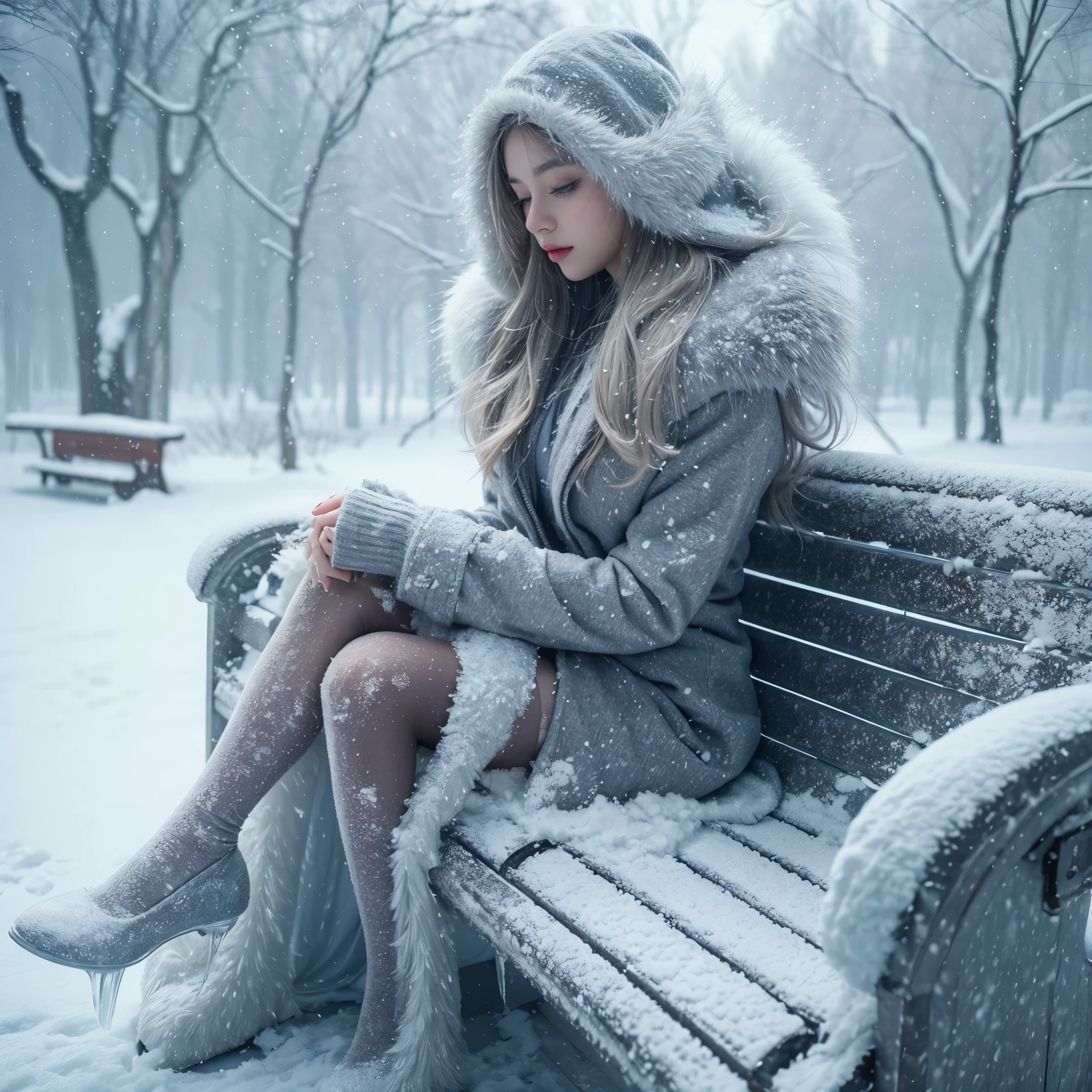 create a girl in ice texture, she is sitting elegantly in a bench in a park, snowy weather, she is covered with heavy snow, it is snowing, 35mm film still, realistic