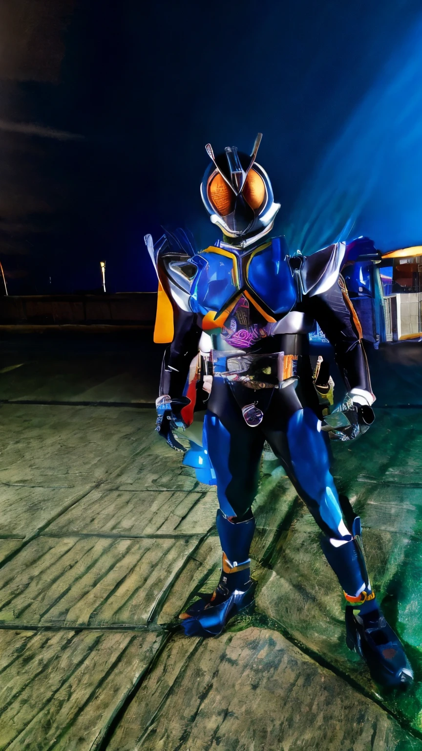 Kamen Rider Bladez, a black clawed beetle cyborg motif with blue stripes, set in the town of Shishio Campilinez in the middle of a highway at night.