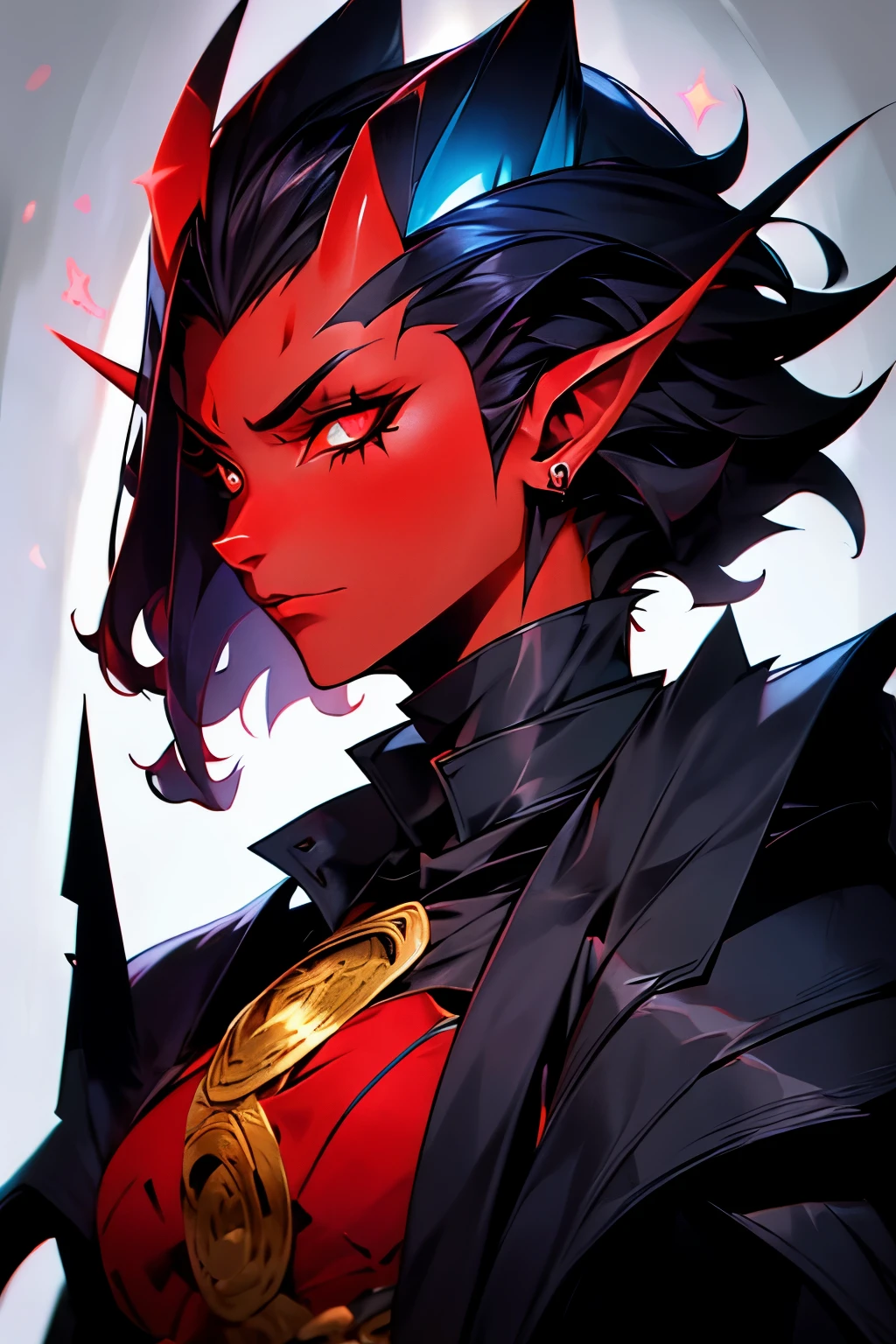 Tiefling d&d ref sheet, black, anime spiky, slick back short hair, half mask. tsundere goth vibe, long curly horns, black sclera and red bright eyes, gold piercings, noble feel, ad like, rpg character art, profile art, using fur collar, half lower mask, Red skin, ANIME