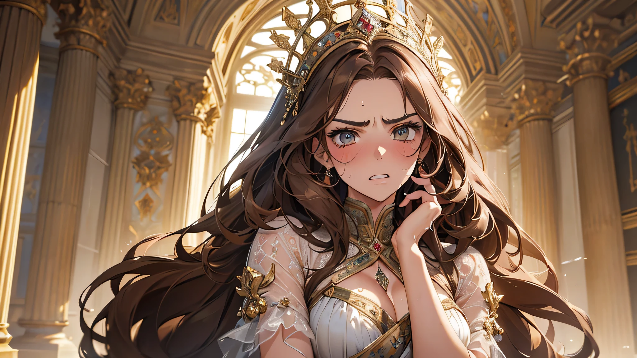 beautiful girl, thick brown hair, modelshoot style, (extremely detailed CG unity 8k wallpaper),full shot body photo of the most beautiful artwork in the world, stunningly beautiful photo realistic cute women intricately detailed costume, transparent gown (Chateau de Versailles, Pisa Baptistery Of St. John background, angry, double-toothed, indignant, blush, sweat, detailed face