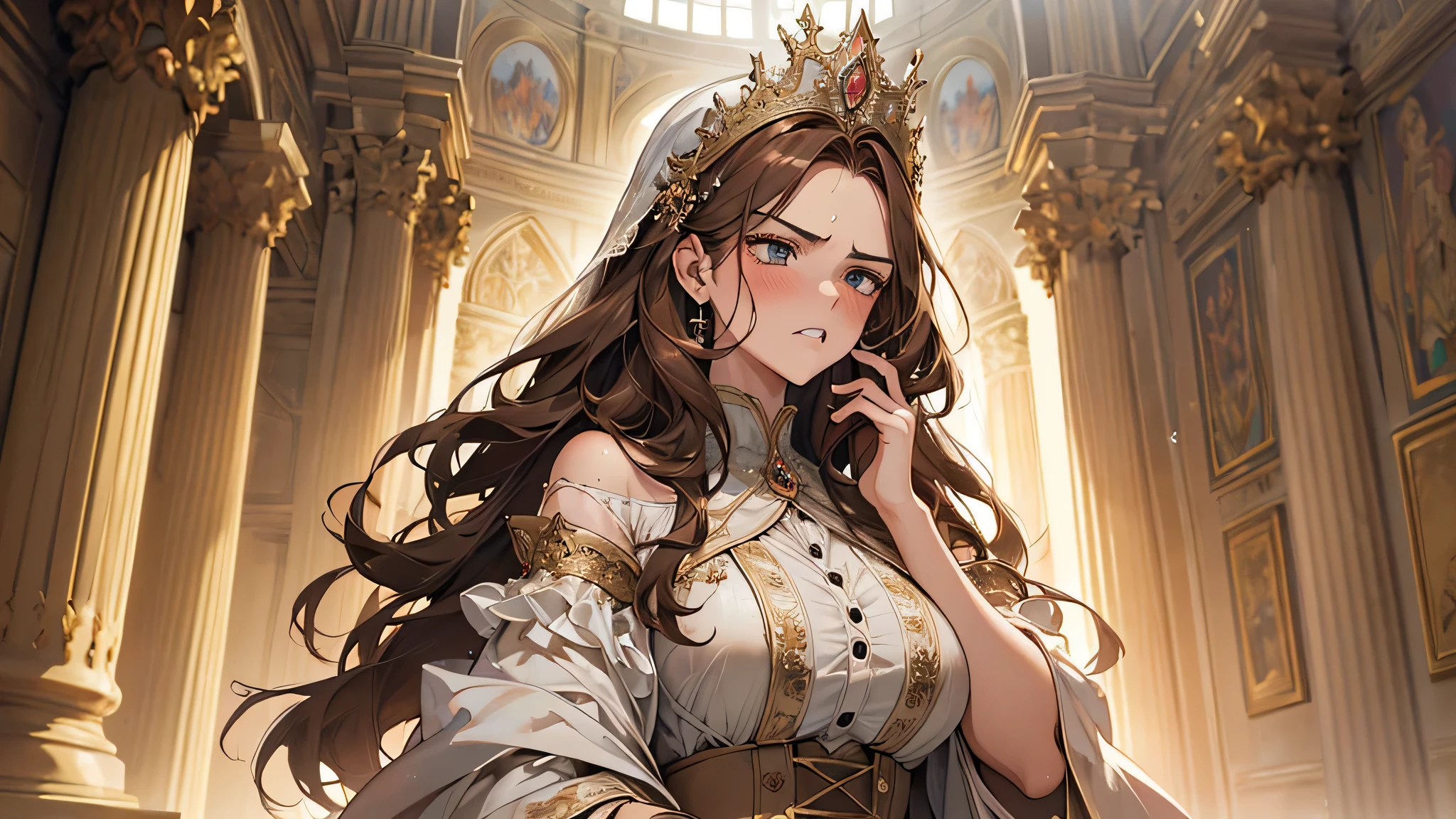 beautiful girl, thick brown hair, modelshoot style, (extremely detailed CG unity 8k wallpaper),full shot body photo of the most beautiful artwork in the world, stunningly beautiful photo realistic cute women intricately detailed costume, transparent gown (Chateau de Versailles, Pisa Baptistery Of St. John background, angry, double-toothed, indignant, blush, sweat, detailed face
