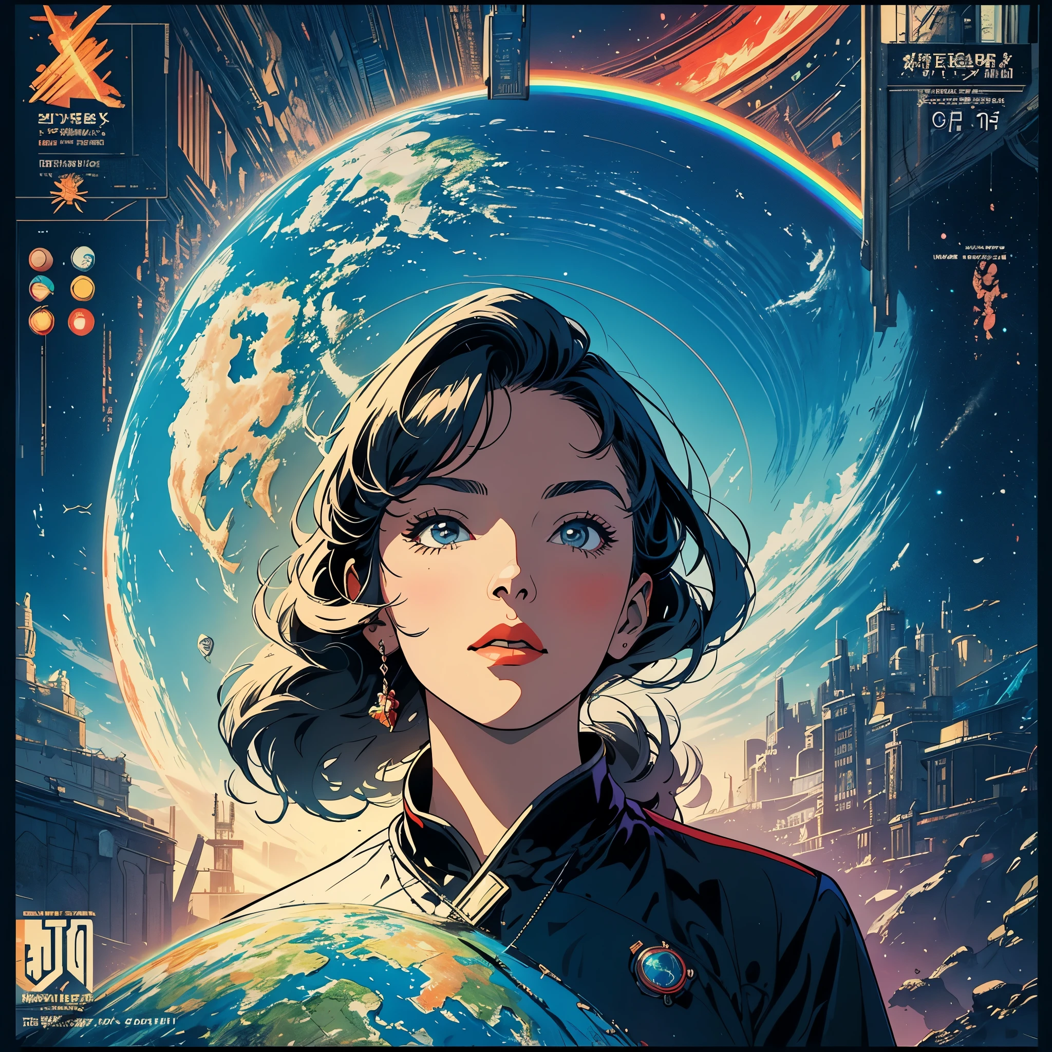 (masterpiece, highest quality), 32k,(A very detailed beautiful woman), poster,science fiction,1960s,1970's,bauhaus, shape, OK, abstract, propaganda,movie poster, vintage,retro,Futuristic,anime,(ultimate map),(Perfect rainbow),highlight,angle from below,